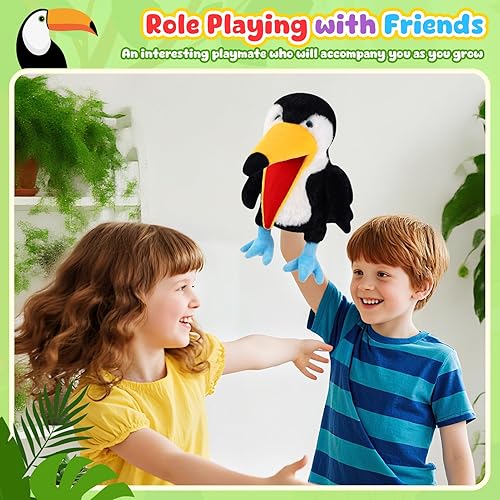 Miniatura 7 de Marionetas de mano de animales de 11 pulgadas, pájaro de peluche, tucán, búho, águila, loro, flamenco, pavo real, juguetes de títeres de juego de