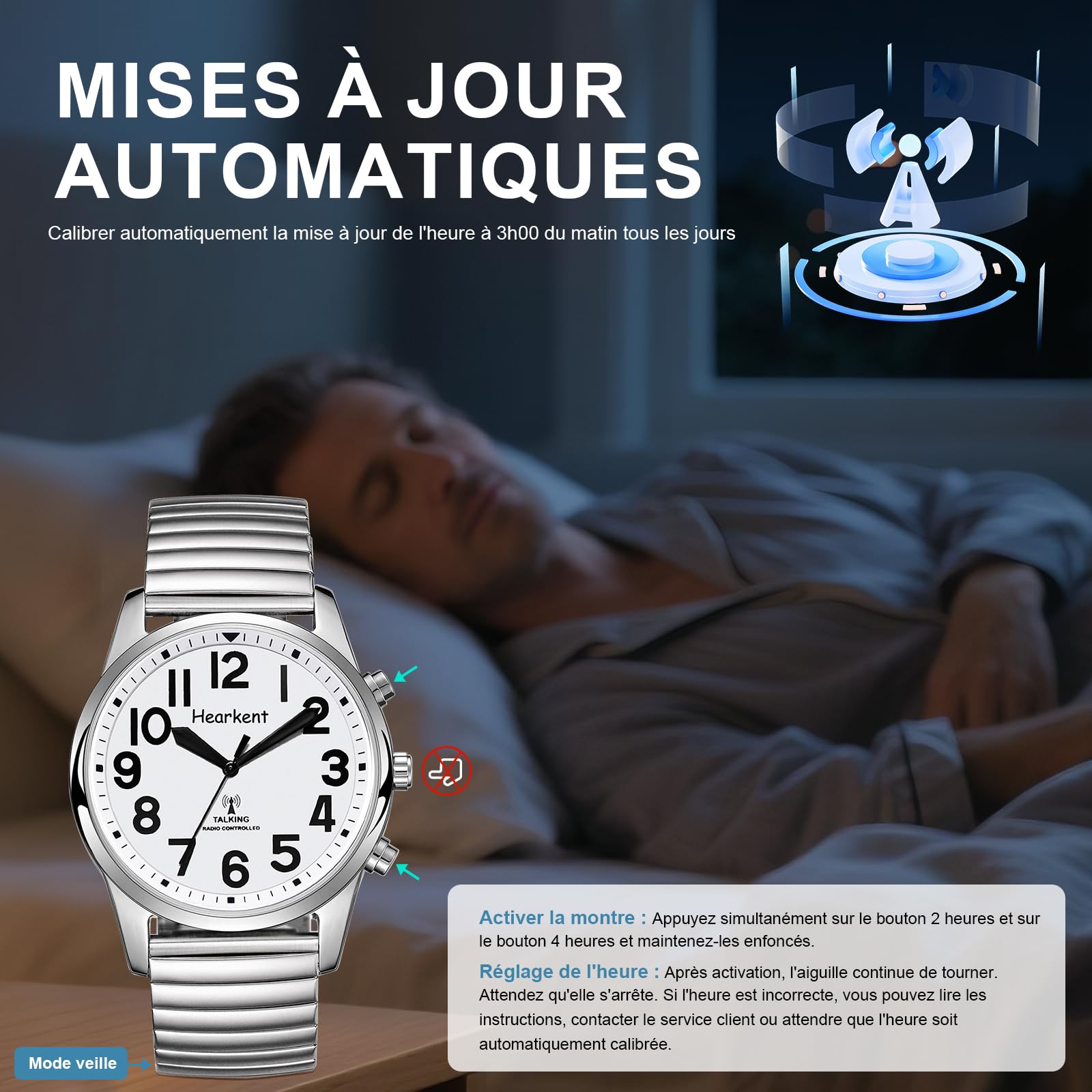 Hearkent Montre Parlante avec Chiffres Géants pour Malvoyants Française | Signal Réception Réglage Automatique l'heure et Date, Une Voix Forte et Claire, Des Chiffres Grands Chronométrage Précis