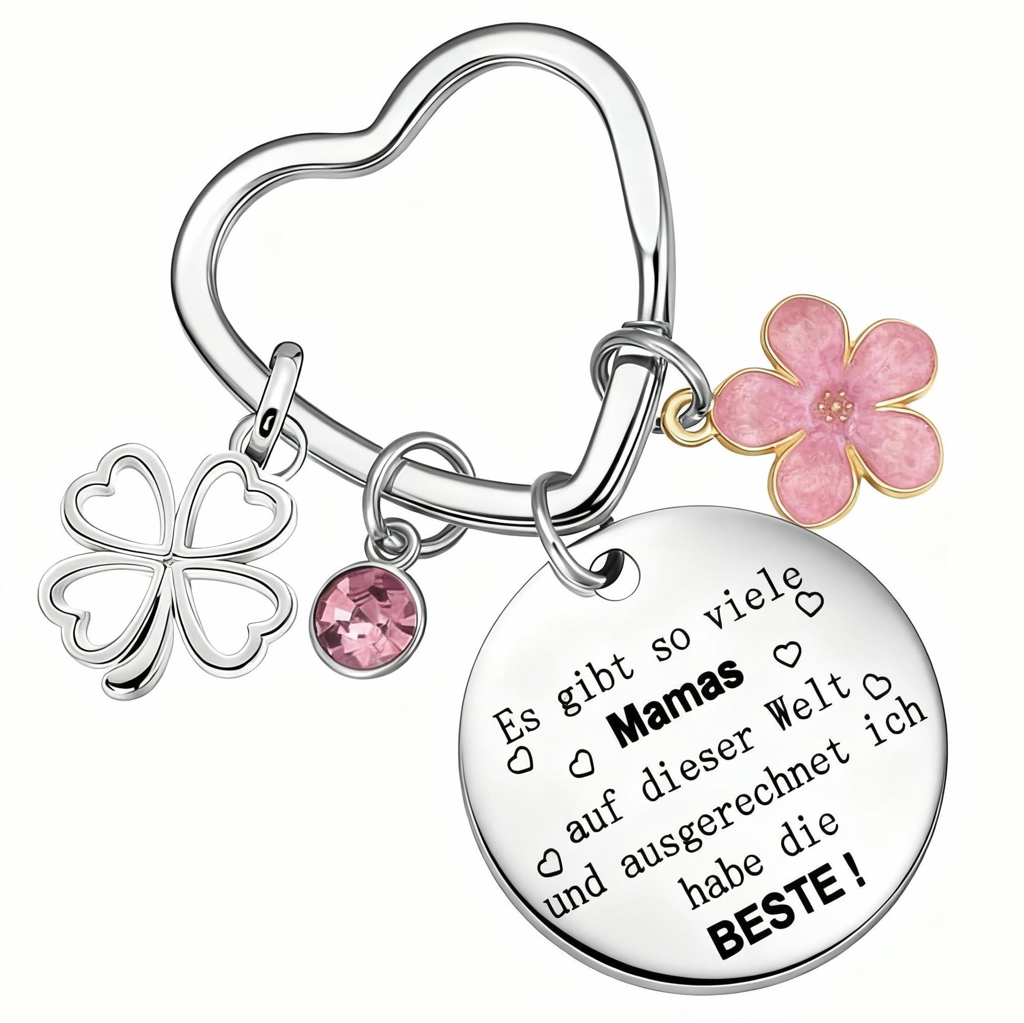 JANGYUHH Schlüsselanhänger für Mama mit Gravur – Edelstahl Herz & Rund Anhänger mit Blume und Kristall–Geschenkidee zum Muttertag, Geburtstag, Weihnachten, Dankeschön- Liebevolle Geschenke für Mütter