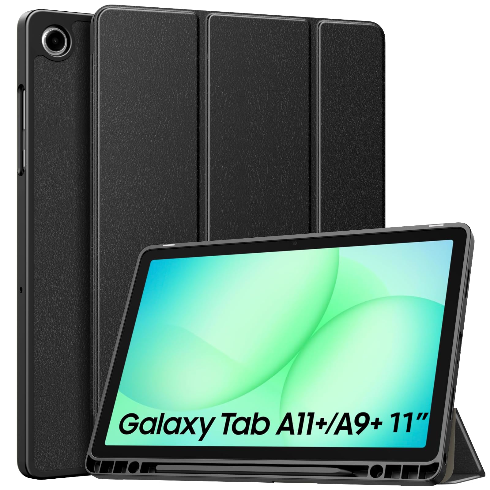 TiMOVO Galaxy Tab A11+/A9+ ケース Galaxy Tab A11 Plus/A9 Plus用 カバー SM-X230NZAAXJP/X238QZAASJP/X210NZAAXJP ペン収納 11インチスマートカバー タブレットスタンドケース オートスリープ機能 TPUバック PU ペン収納 全面保護 耐衝撃 傷つき防止 軽量 取付簡単 ブラック