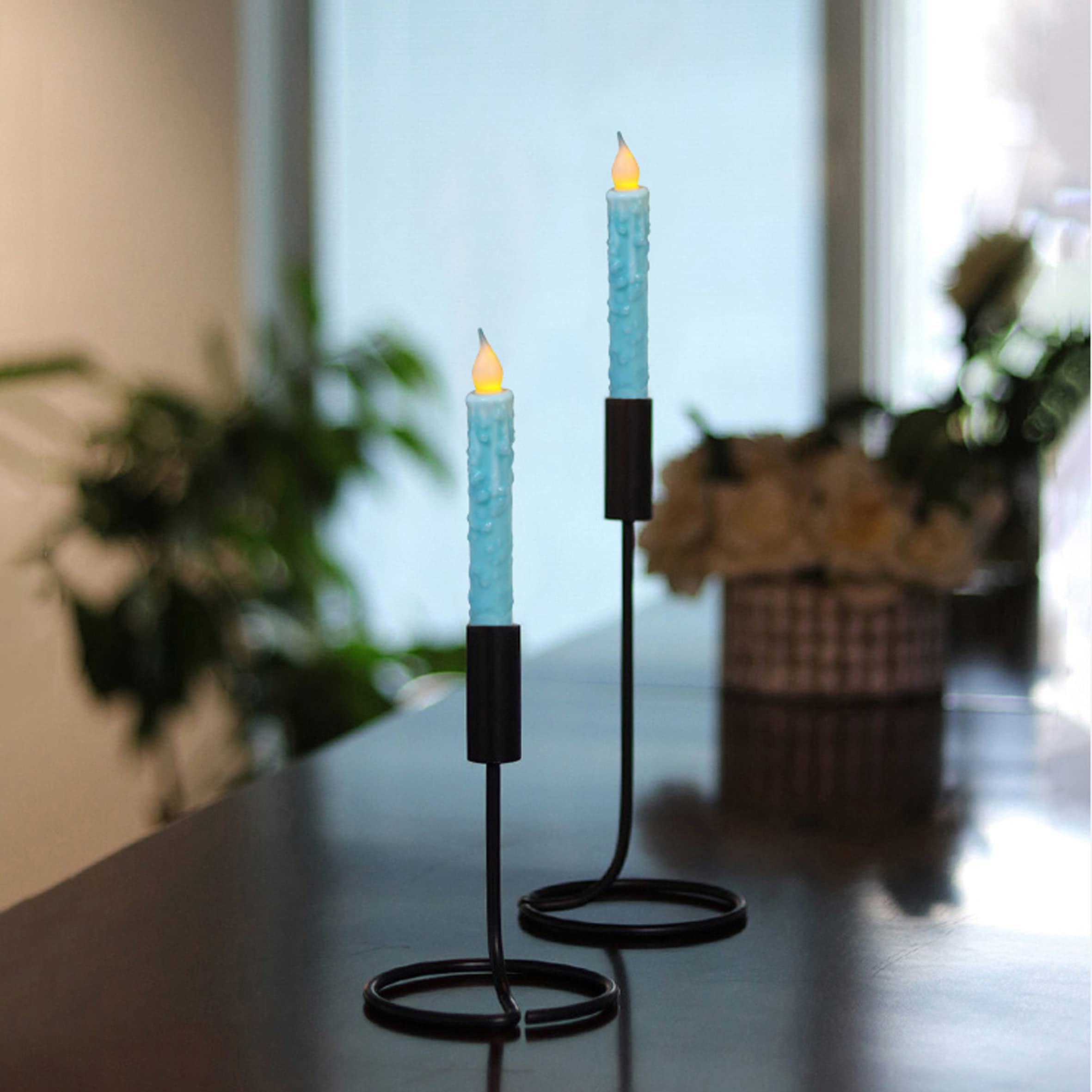 CVHOMEDECO. Velas cónicas LED de cera real sumergidas a mano, funciona con pilas, decoración rústica primitiva sin llama, 6-3/4 pulgadas, verde azulado, 3 unidades en un paquete