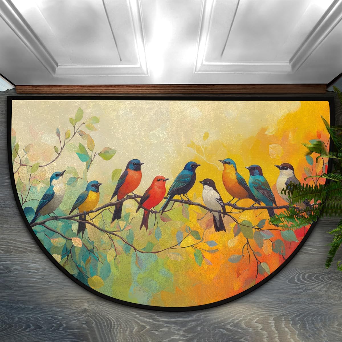 cfpolar Half Round Door Mat Animal Bird Leaves Non-Slip Semi Circle Area Rug Washable Half Moon Hearth Rugs for Indoor Outdoor Bathroom Kitchen Patio Runner Mat Laundry Room Home Decoration