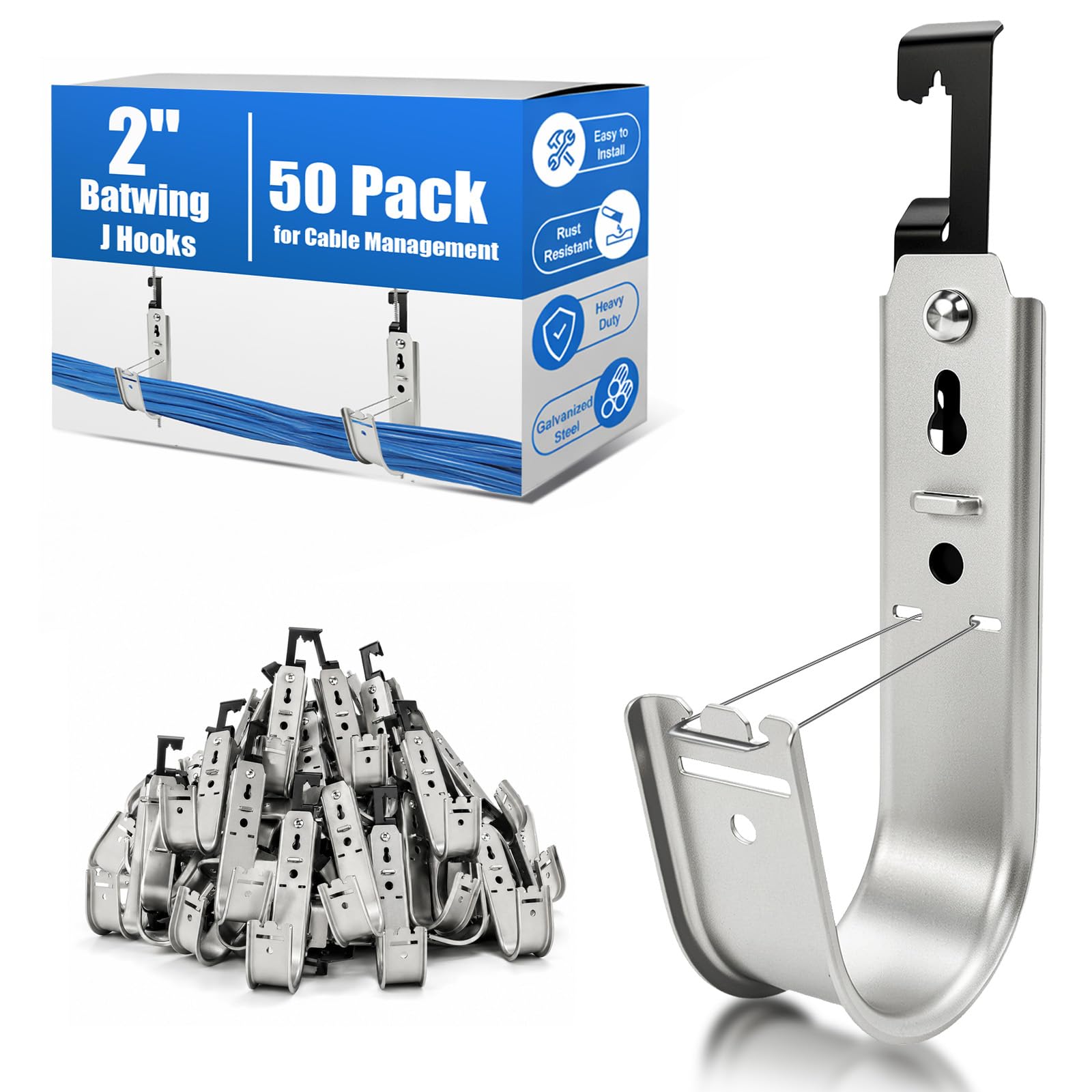 50 Pack 2" Galvanized Steel Batwing J Hooks with Retainer Clips