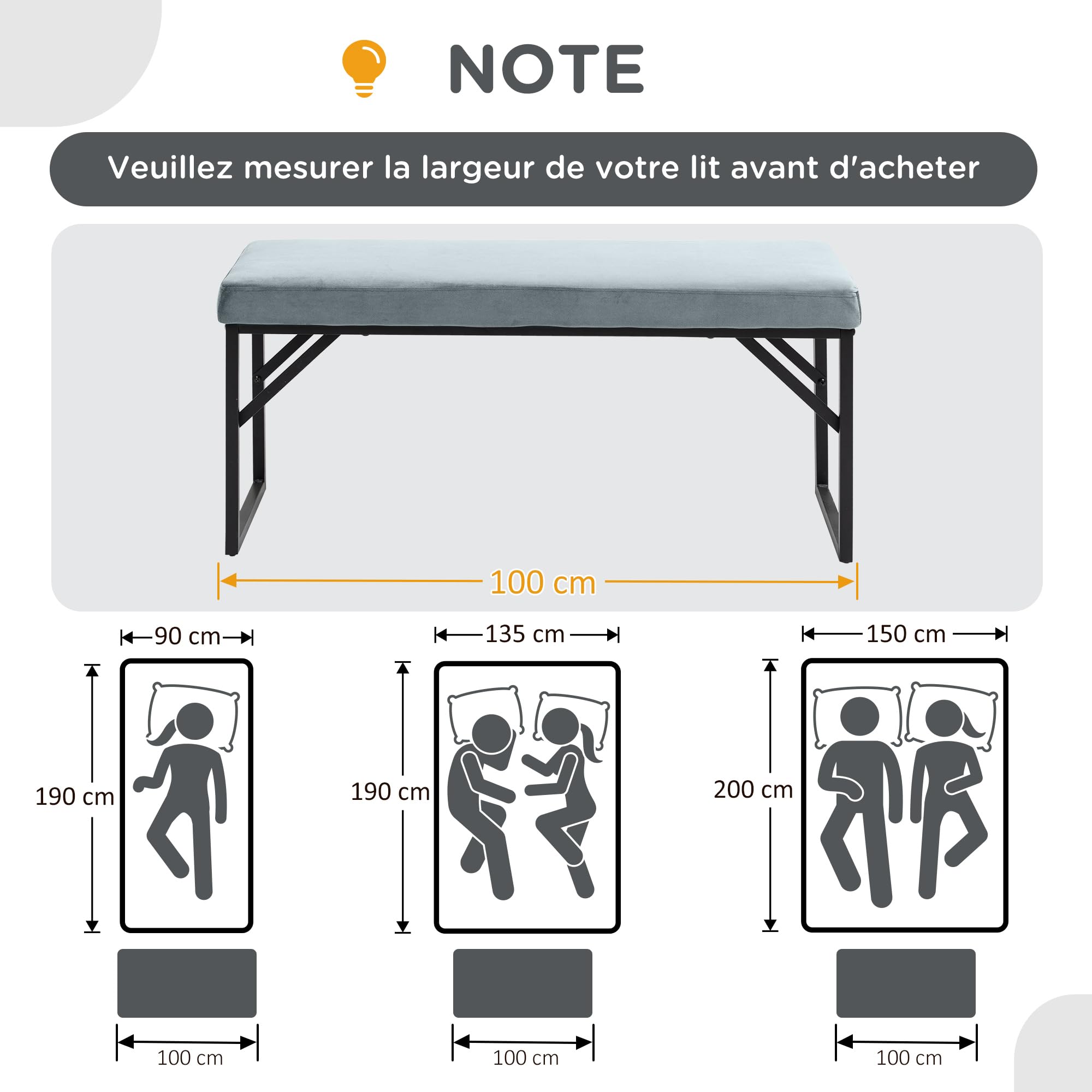 HOMCOM Banc Bout de lit Banquette Banc en Tissu Velours Cadre en Acier - 100 x 35 x 47 cm - Bleu Clair