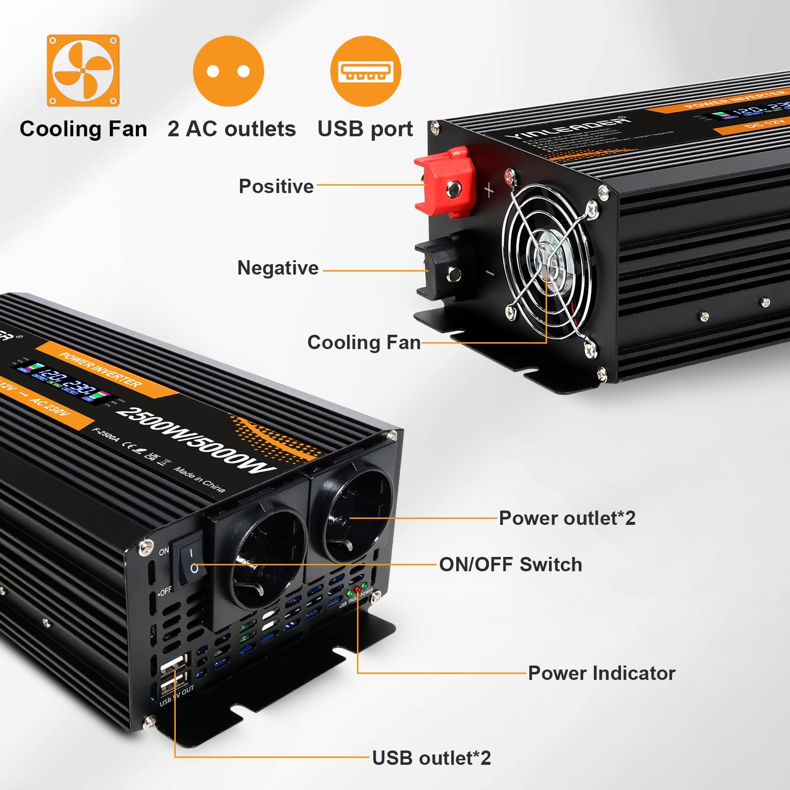 Yinleader Inversor 12V 230V 2500W Convertidor Pantalla LCD 2 Enchufes AC para Panel Solar Coche RV
