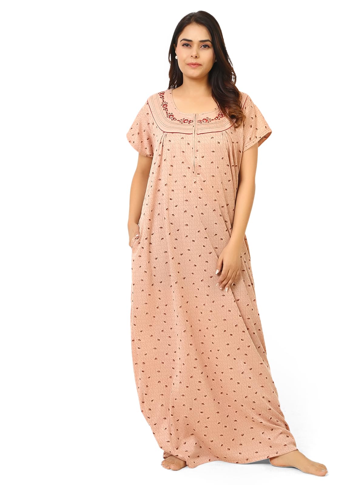 BHAVI Women's Hosiery Cotton Nighty/Nightgown/Maxi with Half Sleeves, Cream Leaf dot Print (Size-XXL) Article-HS-146-picture-35