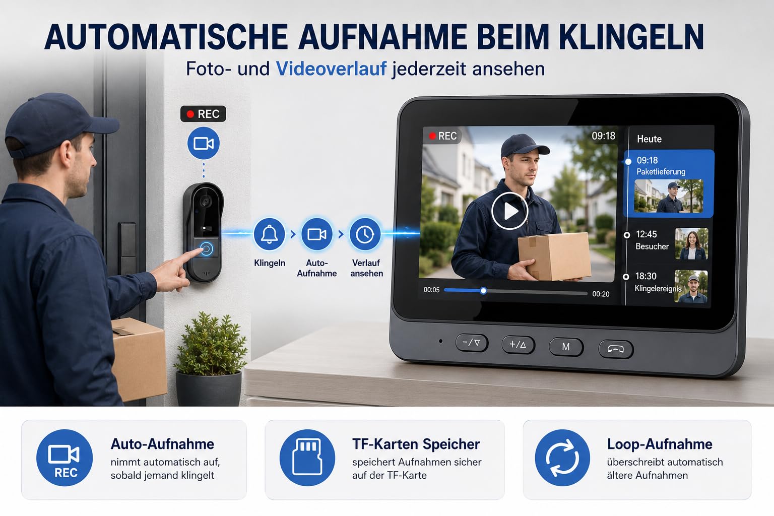 TKMARS Video Türklingel Kabellos Videotürklingel mit Monitor 170°Türklingel mit Kamera Unterstützt Bidirektionale Kommunikation und Automatische Erfassung