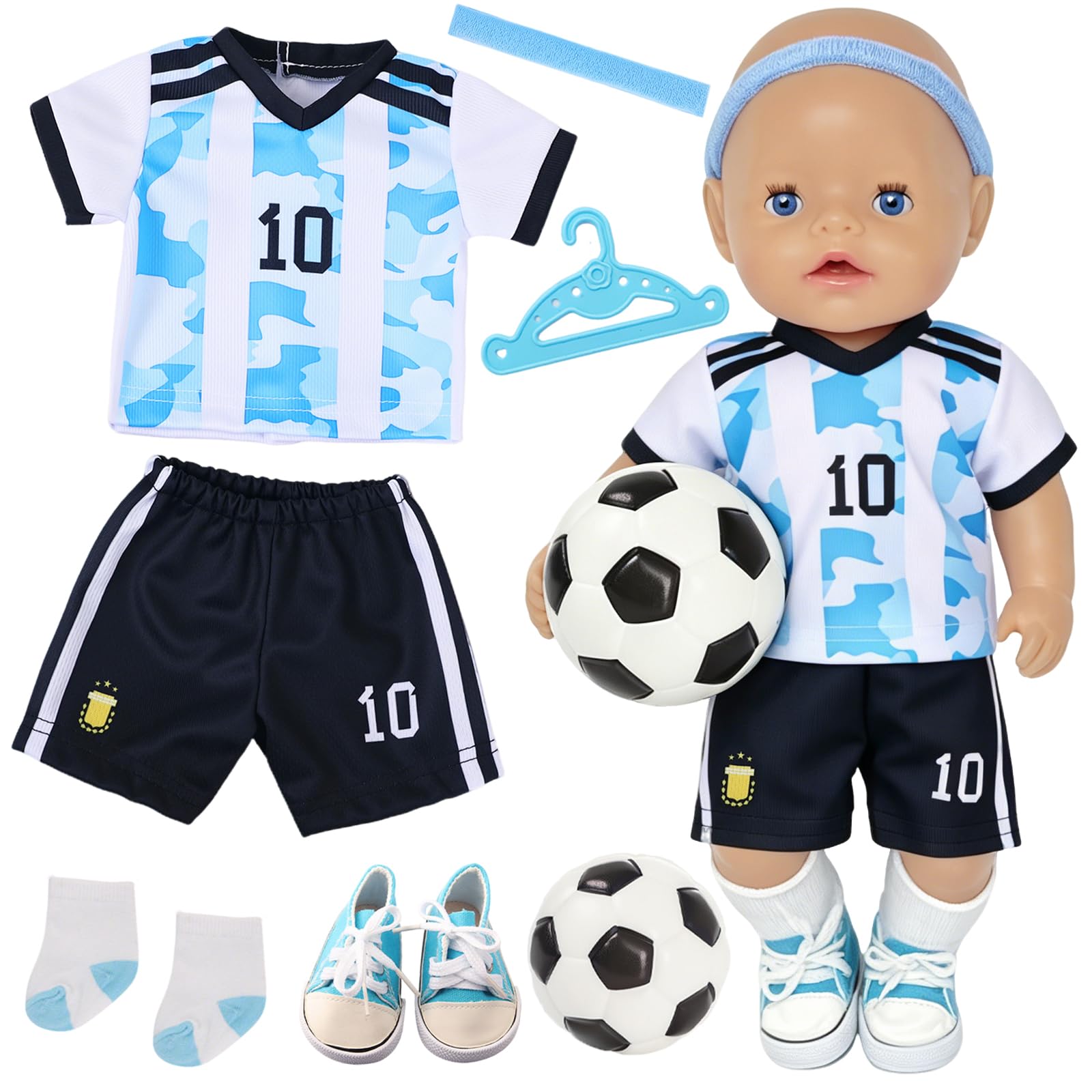 7 Pcs Football Baby Doll Clothes for 14-17 Inch Dolls, Sports Doll Clothes Set with Shirts, Shorts, Socks, Headbands, Clothes Hangers, Soccer Balls, Soccer Shoes, Doll Clothes Set for 35-43 cm Doll