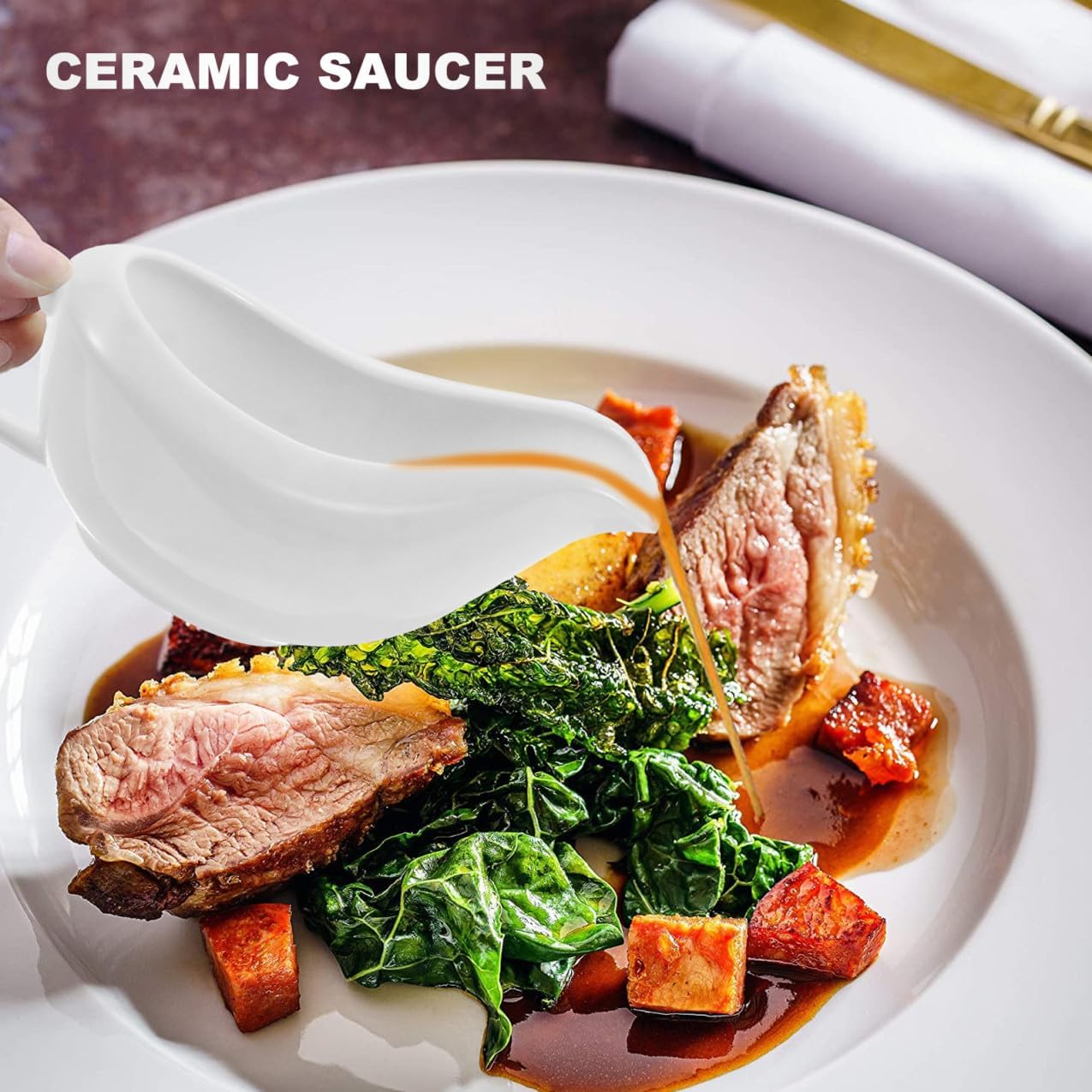 Gravy Boat with Saucer Tray White Sauce Serving Jug for Home Kitchen Parties Sauce Dish with Pouring Nozzle for Gravy Salad Dressing Broth