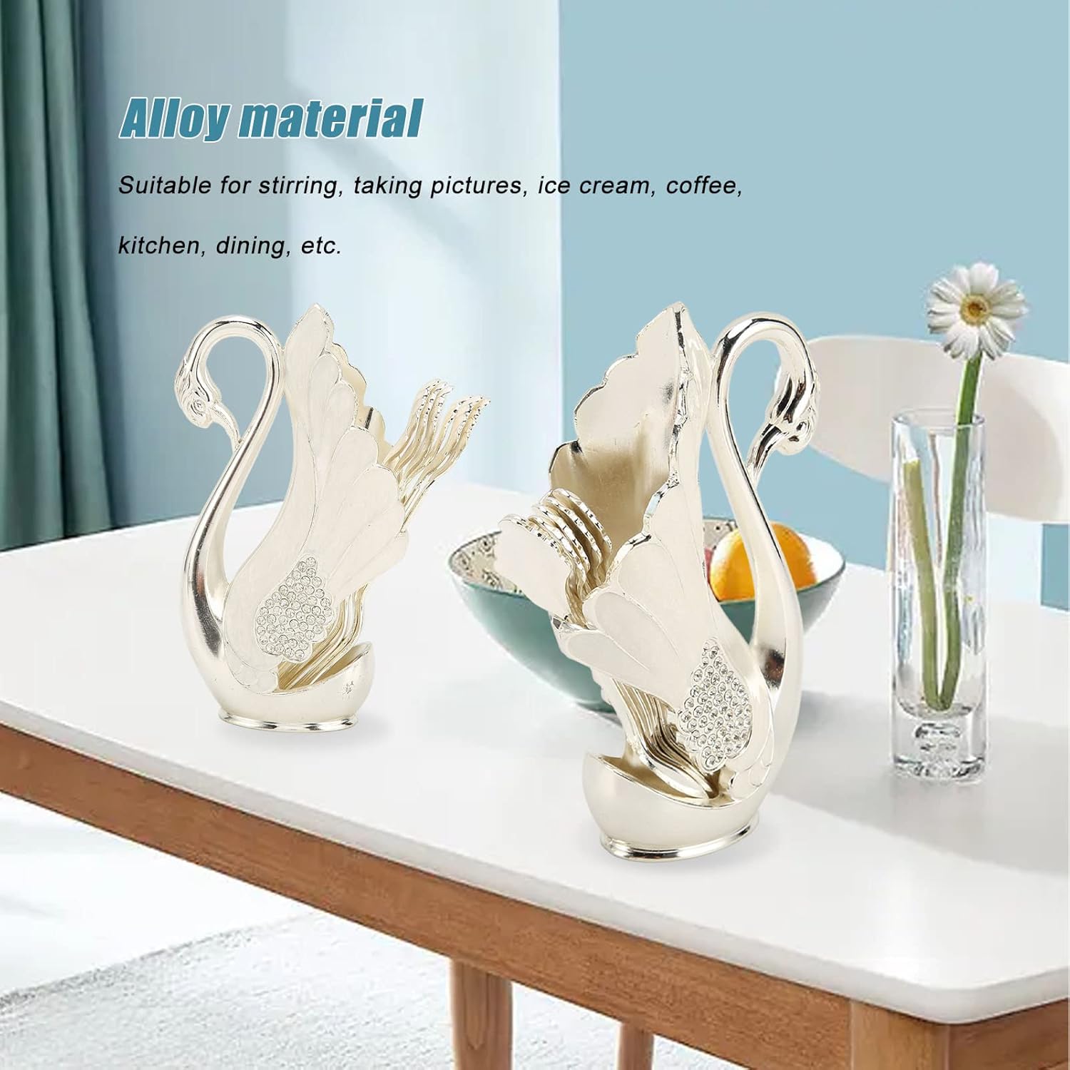 Coffee Spoon Holder Set - Alloy Swan Base Organizer With 6pcs Modern Ice Cream Teaspoons, Dessert Flatware