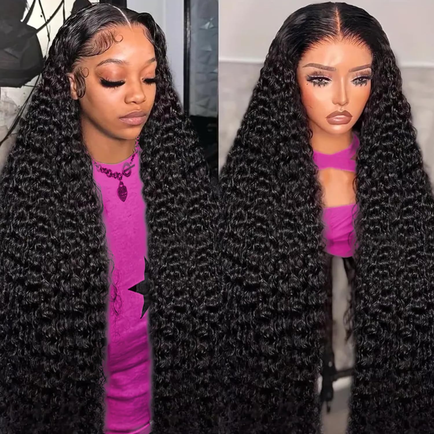 Shesbeauty 26 Inch Deep Wave Lace Front Wigs Human Hair 210% Density 13X6 Lace Front Wigs Human Hair Pre Plucked HD Lace Front Wigs Natural Black Deep
