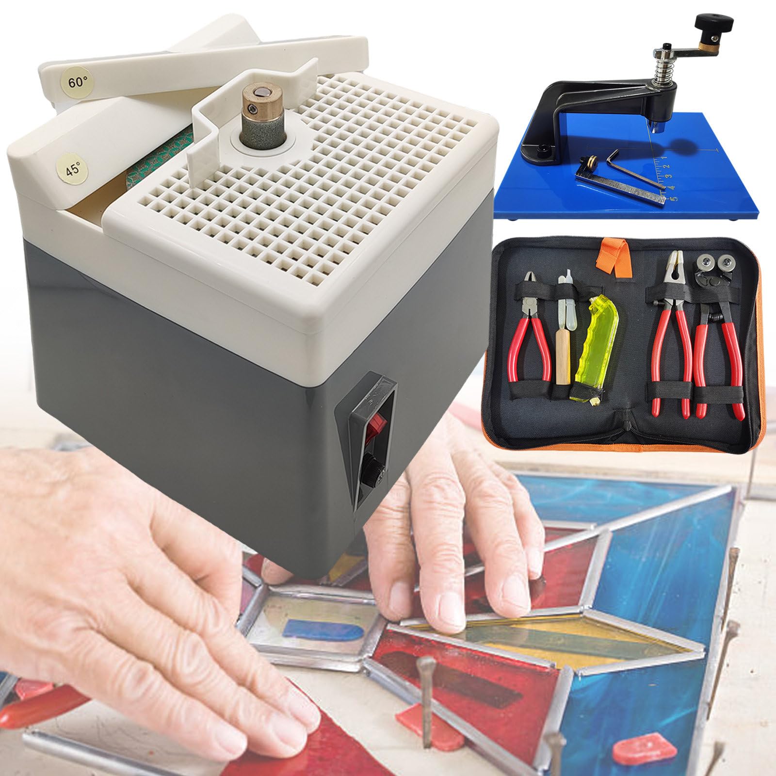 vnmudzeo Mini DIY Shell Art Grinding Tool Multiple Curves,2800 RPM Commercial Desktop Stained Glass Processing Device,with Glass Tool Set,Hole Cutter