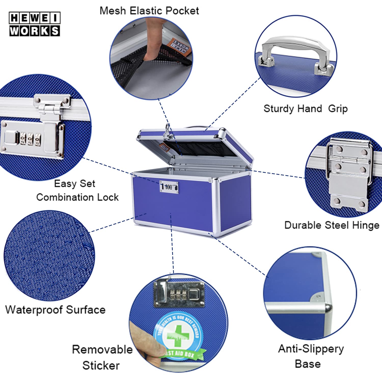 Caja médica segura para niños, 31,0 x 18,3 x 19,3 cm, caja medicamentosa con cerradura combinada, caja de medicamentos, botiquín médico incluido en pequeño pastillero (azul/medio)