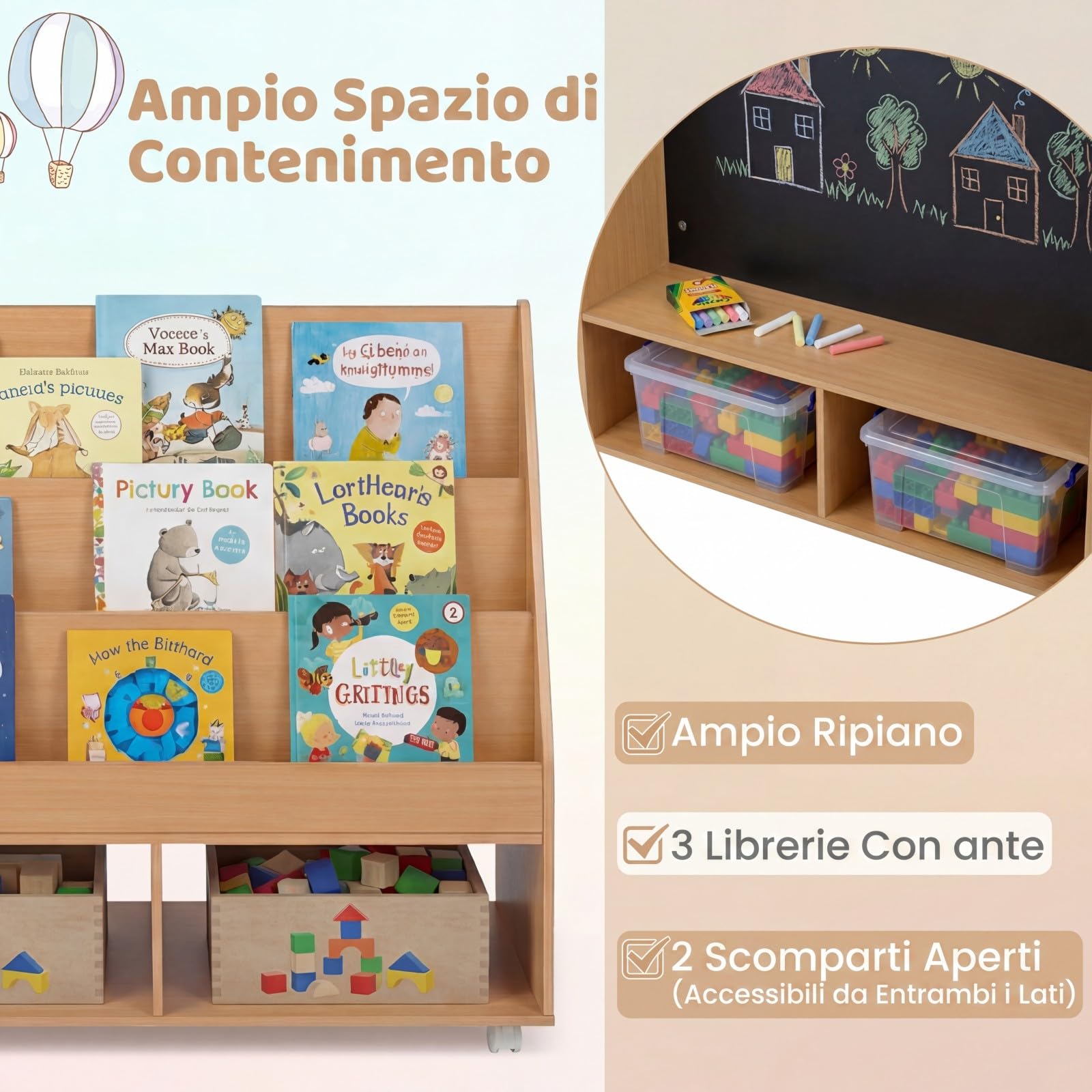 COSTWAY Libreria Montessoriana per Bambini, Scaffale per Giocattoli in Legno con Lavagna e 5 Ruote, Libreria a 3 Ripiani e Scomparti, per Cameretta e Asilo Nido, 90 x 45,5 x 87 cm (Naturale)