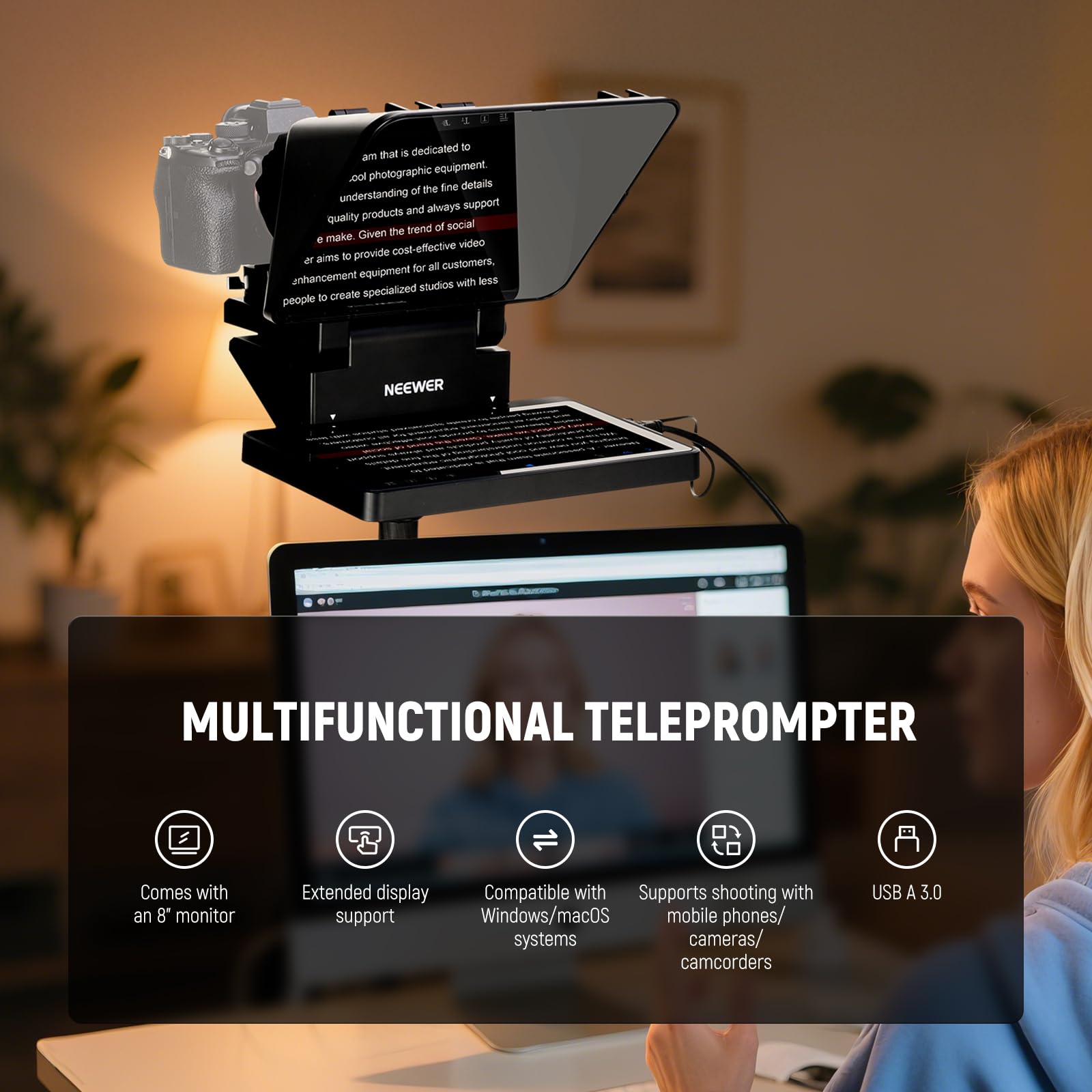NEEWER 2 in 1 Teleprompter 11 Zoll mit Monitor für Windows MacOS, Tragbare Prompter für Kamera Webcam Handy Tablet Bildschirm Spiegelung, für YouTube Twitch Live Streaming Konferenz, X11