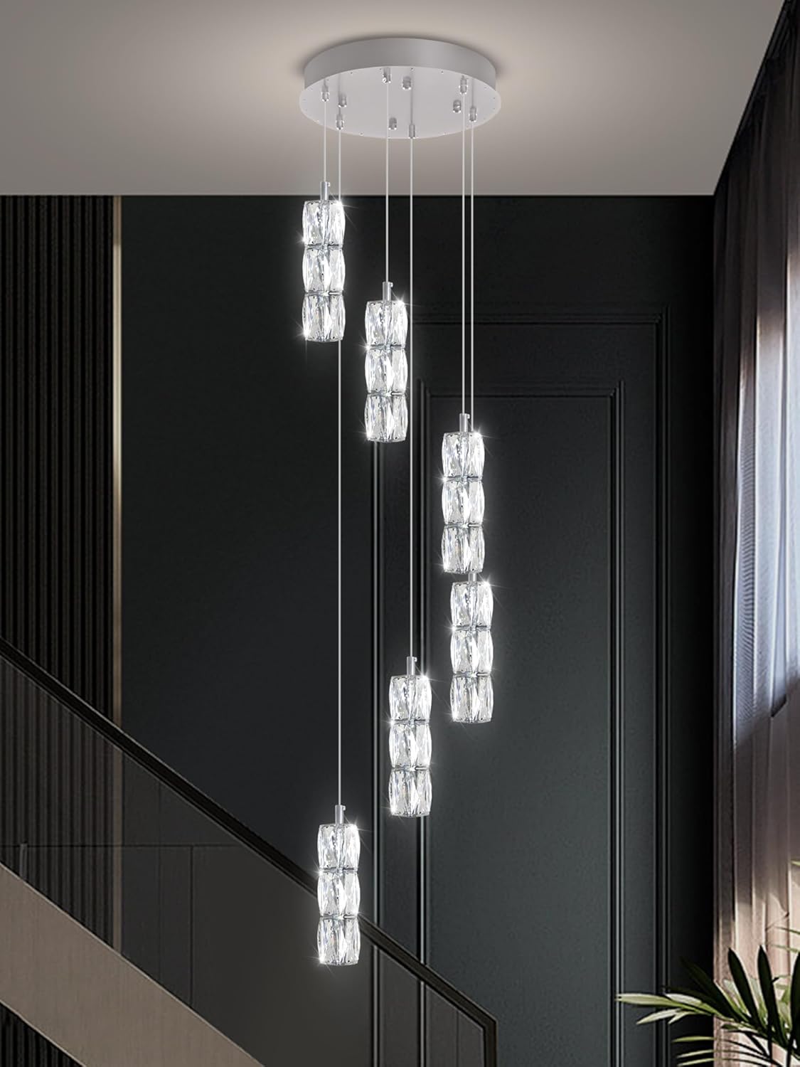 ykolupty H78 Pendant Lights Kitchen Island 6-Lights Pendant Chandelier for Dining Room Hallway Stairwell,LED Dimmable 2700K-6000K (Silver Chandelier)