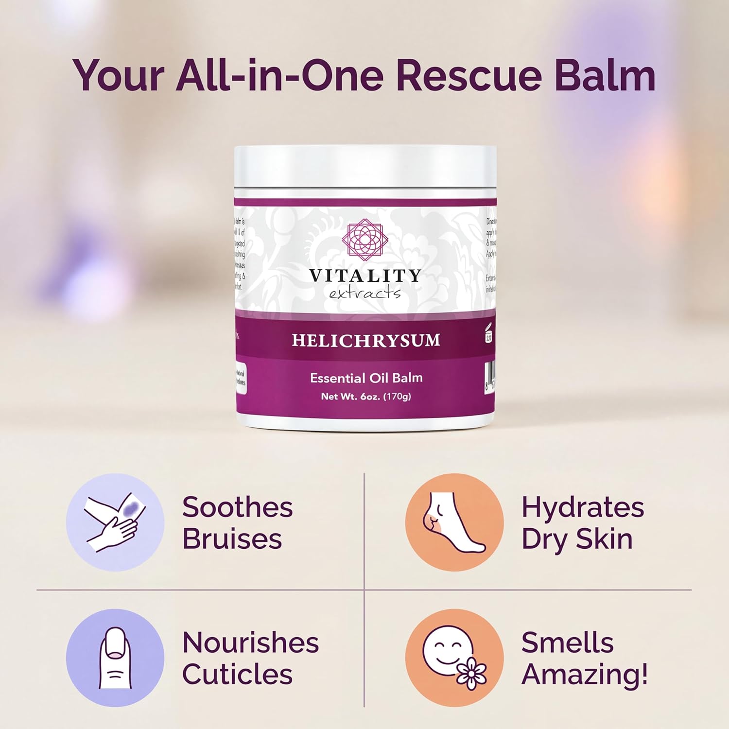 Vitality Extracts Helichrysum Balm - 6oz, Helichrysum Gymnocephalum, Beeswax, Almond Oil, Ultra-Moisturizing, Skin Healing, Full Body Hydration