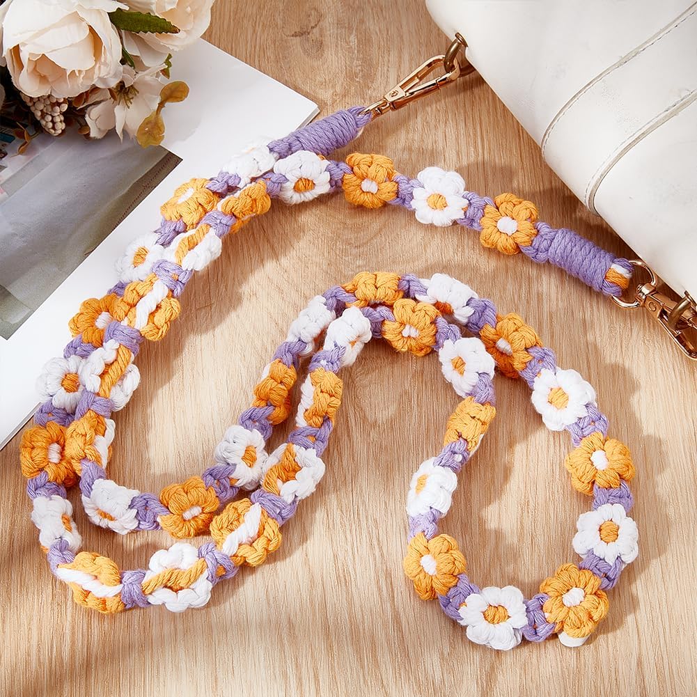 Beebeecraft Flower Shoulder Strap Cotton Rope Daisy Saddle Brown Purse Chain Handles Replacement with Metal Clasp