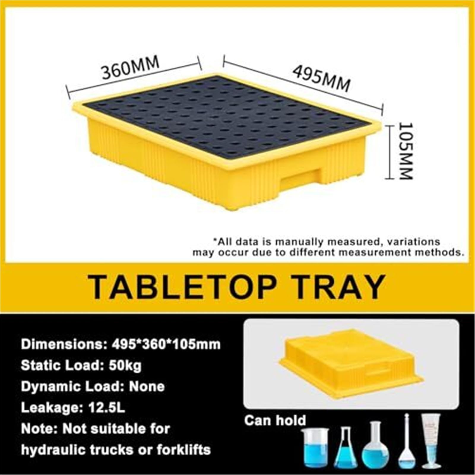Cubeta de Retencion con Desague y Entradas de Carretilla, Palet Antiderrame de HDPE for Garaje, Plataforma Modular con Rejilla Desmontable, Control de Derrame Secundario(50 * 36 * 10cm)