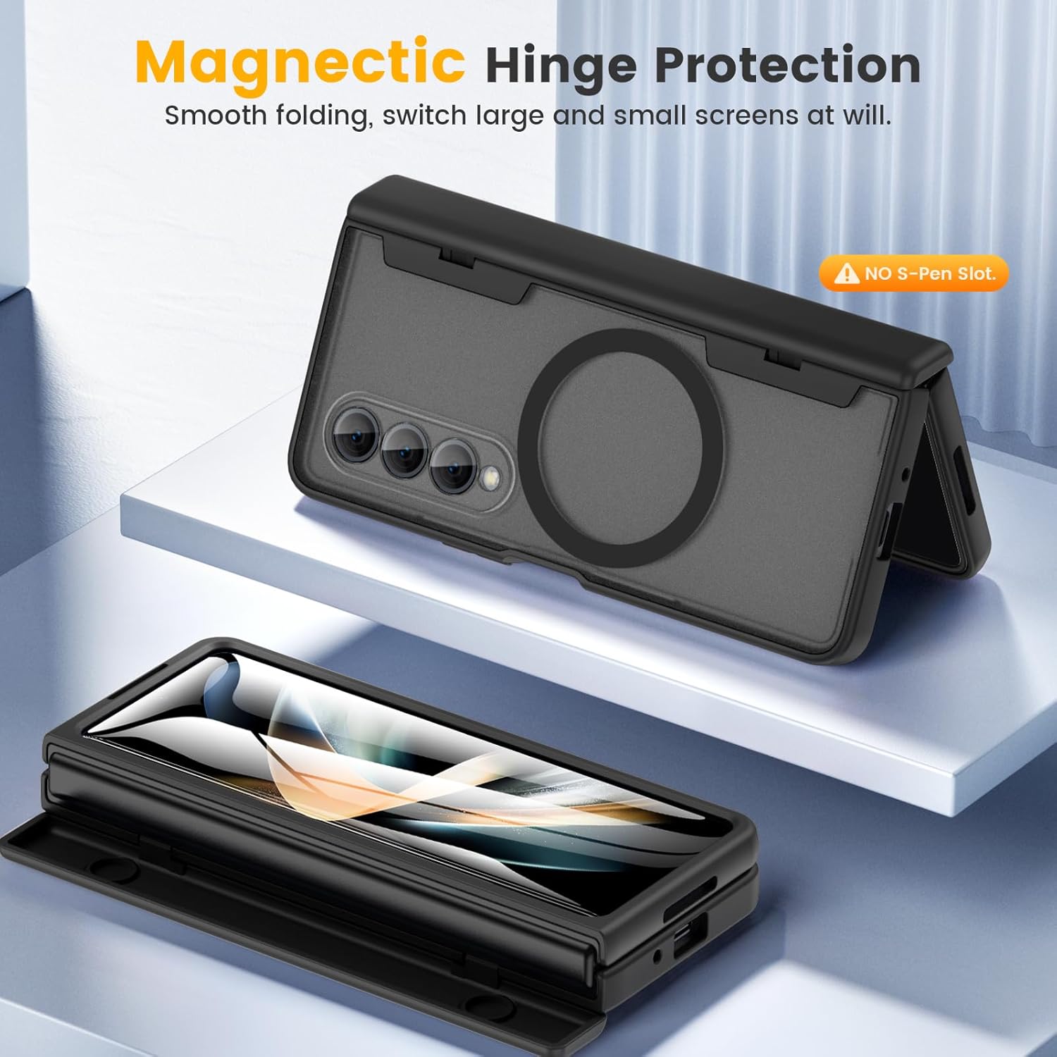 Caka for Samsung Galaxy Z Fold 4 Case [Compatible with Magsafe] [Hinge Protection] [Built-in HD Screen Protector] Translucent Hard Shockproof Magnet Phone Cover for Fold4 - Black