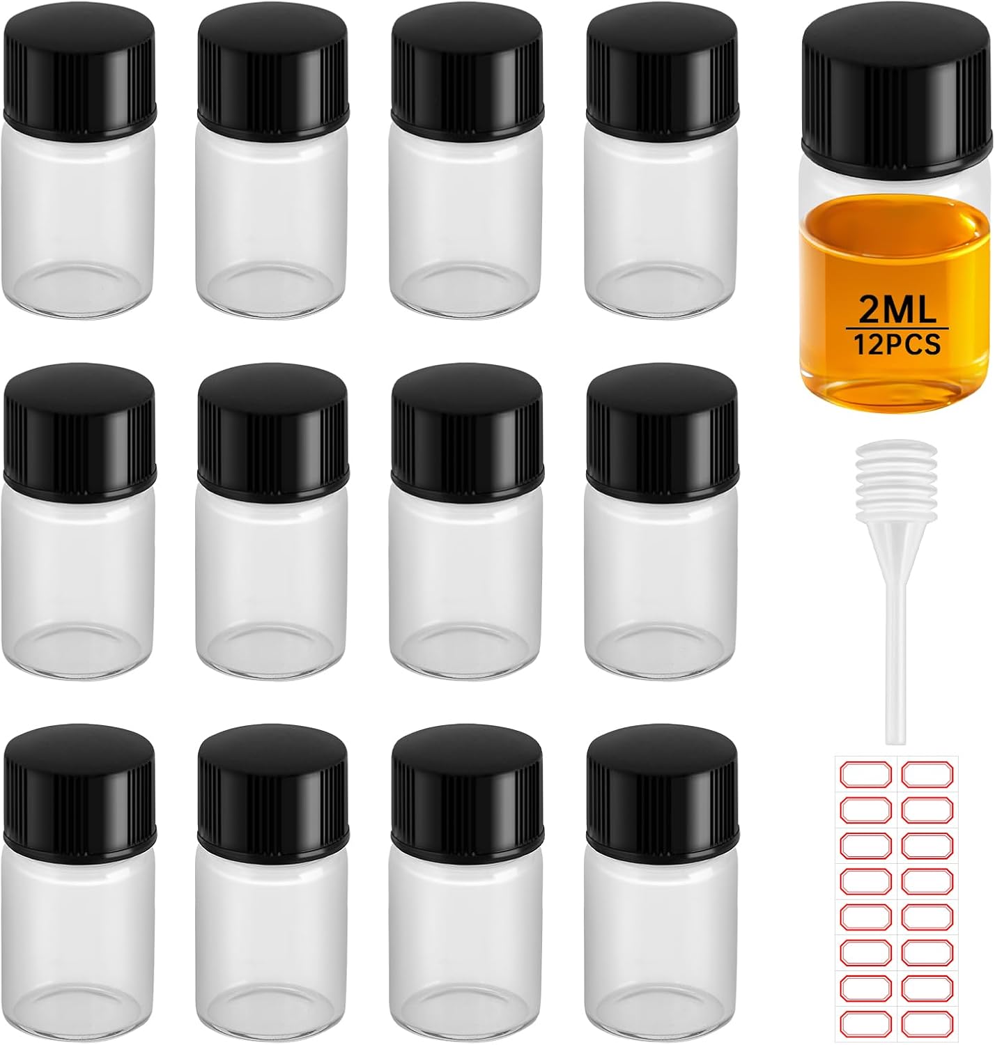 2Pcs 2 ML Mini Glass Bottles Clear Essential Oil Vials Empty Cosmetic Sample Containers with Black Lid for Essential Oils, Perfumes, Aromatherapy (2)