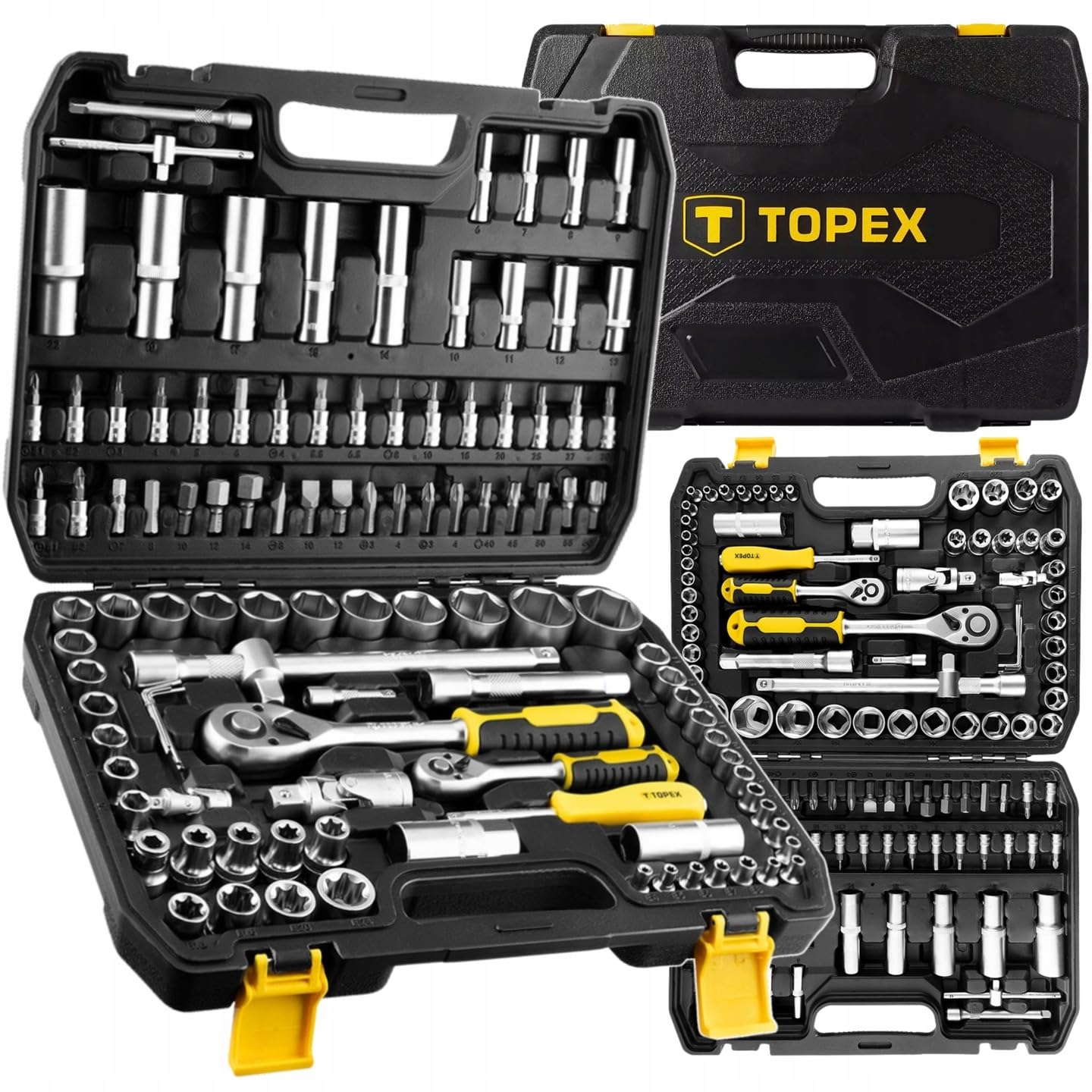 TOPEX Zestaw narzędzi 110-częściowy zestaw kluczy nasadowych 1/2" 1/4", zestaw narzędzi ze stali CrV, mechanizm zapadkowy z 72 zębami, trwałe narzędzie dla profesjonalistów i majsterkowiczów