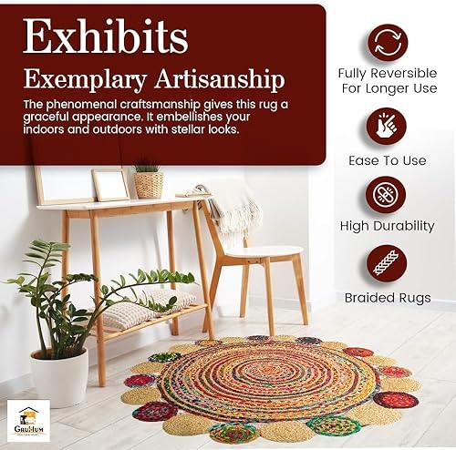 Miniatura 6 de GRUHUM Alfombra de Área de Yute y Algodón de 5 pies - Alfombra de Área de Yute Redonda de Fibra Natural Tejida a Mano Estilo Bohemio Granja Colorida