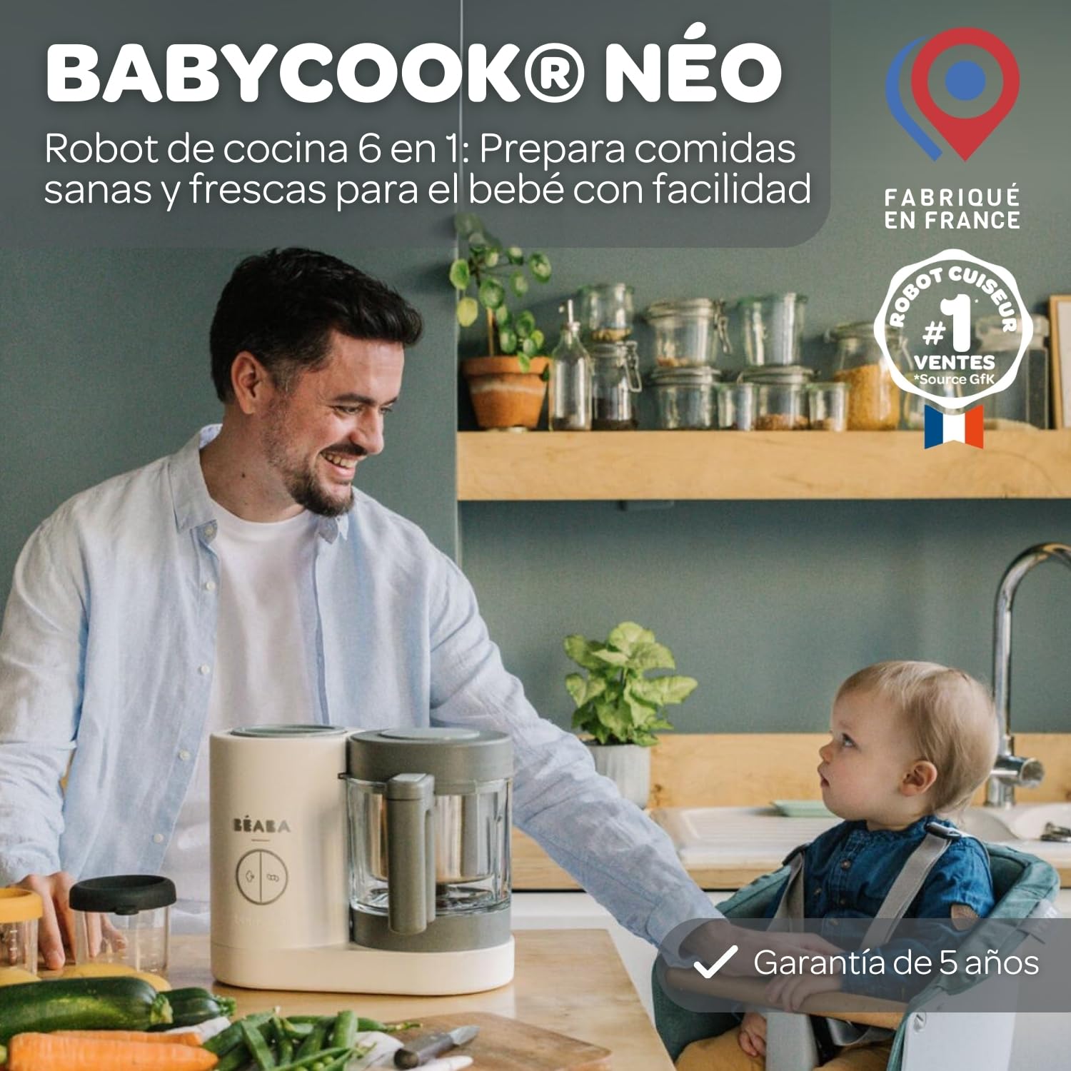 BÉABA Babycook Neo, Robot de cocina infantil, tritura, cocina y cuece al vapor, Rápido en 15 minutos, Recipiente de vidrio y cesta de acero inoxidable, Para Bebés y Niños, Gris/Blanco