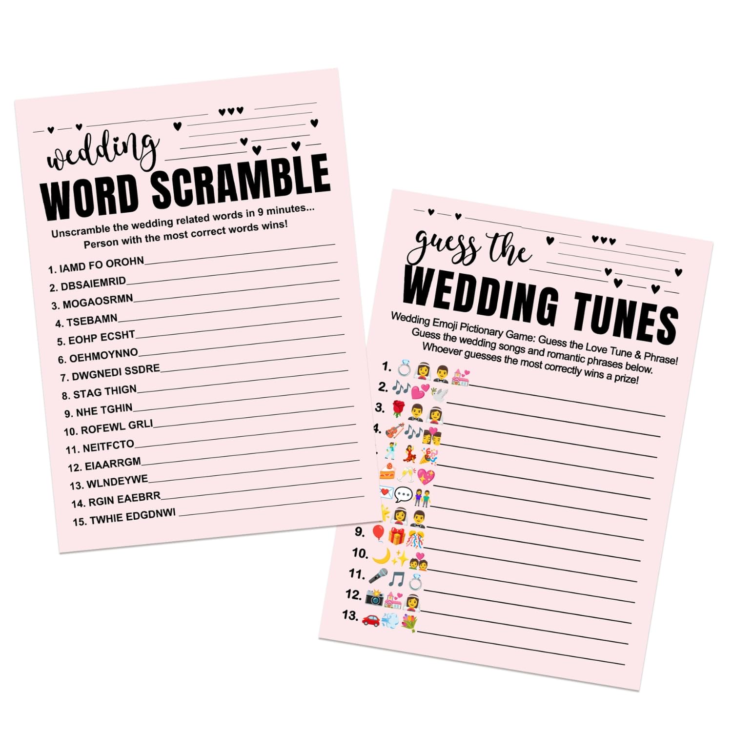 Paper Clever PartyModern Chic Bridal Shower Game Bundle - 2-in-1 Wedding Word Scramble & Guess The Song Trivia Fun for Guests - 25 Pack, 5x7” Double-Sided Premium Cardstock, Black and Pink