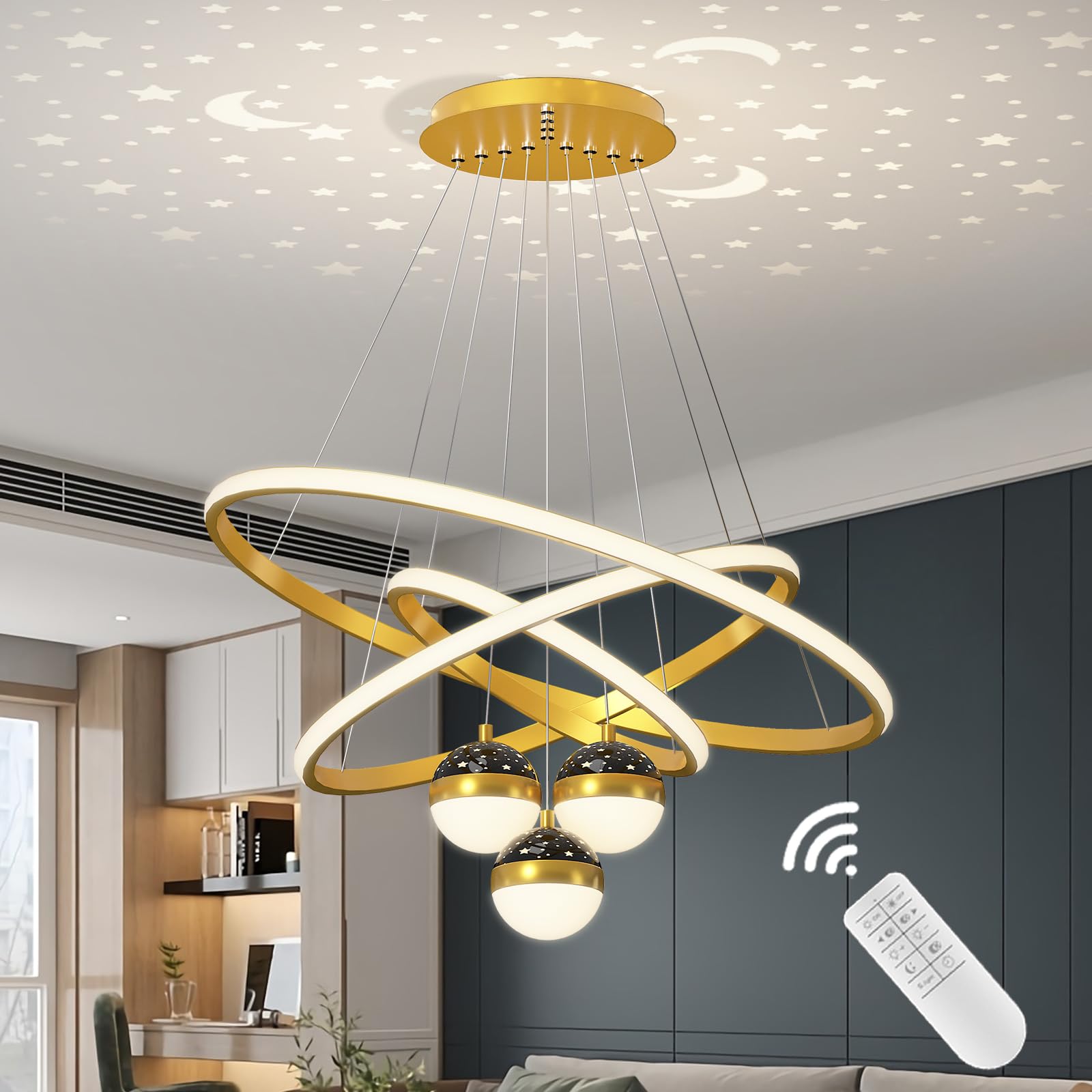 Żyrandole LED, lampa sufitowa, 3 złote lampy na wyspie kuchennej z pilotem zdalnego sterowania, lampa wisząca, 30 + 40 + 60 cm, nowoczesne lampy sufitowe z możliwością przyciemniania pamięci
