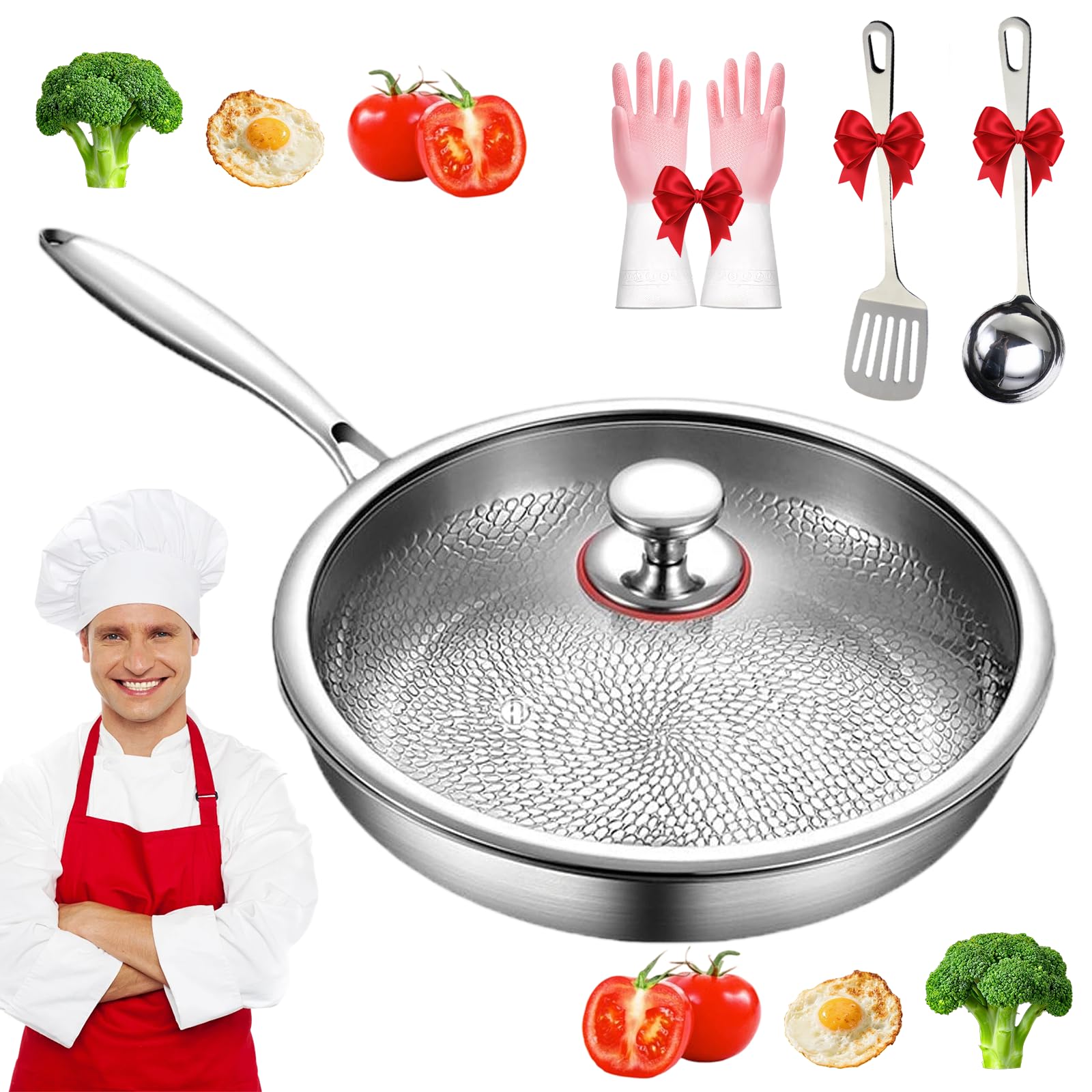 Titanium Pan, Upgraded 100% Pure Titanium Pan with Lid, Titaniums Hammered Pan Pro Non-Stick Without Coating, Ultra Durable and Scratch Resistant, Easy to Clean for Every Cooktop (28 Cm with Lid)