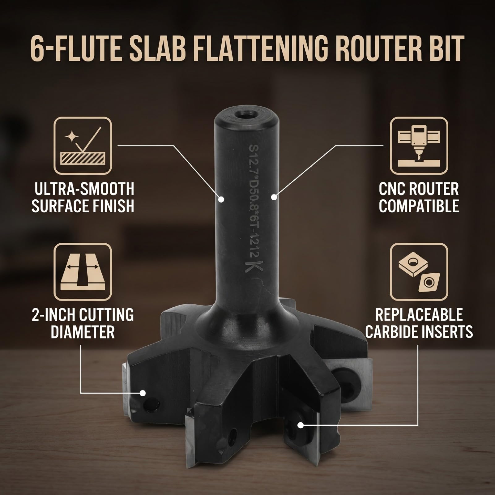 Punta per Fresa per Piallatura a 6 Flauto, Gambo da 1/2 Pollice | Superficie Spoilboard, appiattimento lastra, diametro 2 pollici, per fresatrice manuale CNC, compensato in legno MDF