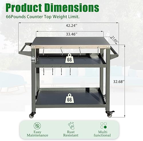Vista 11 de Domi - Carrito de 3 estantes para parrilla al aire libre con ruedas, mesa para horno de pizza y mesa de preparación de alimentos, mesa de acero