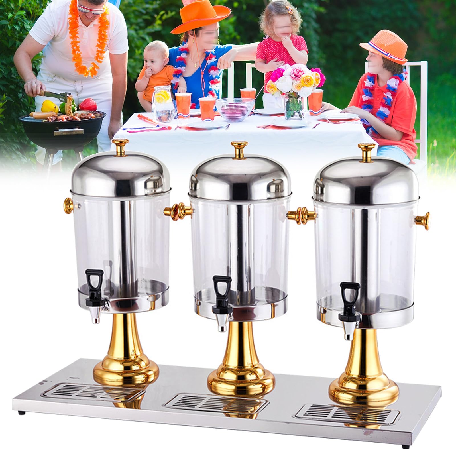 Distributeur de Boissons Froides à Trois Têtes 24L, avec Couvercle Étanche en Acier Inoxydable et Robinet, Distributeur de Boissons Commerciales Robustes, pour Bars Hôtels Fêtes,Gold