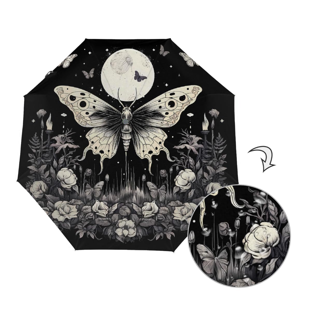 Ombrello pieghevole etnico farfalla luna fiore ombrello da viaggio compatto antivento impermeabile con protezione UV rivestimento nero leggero 8 coste portatile per pioggia sole