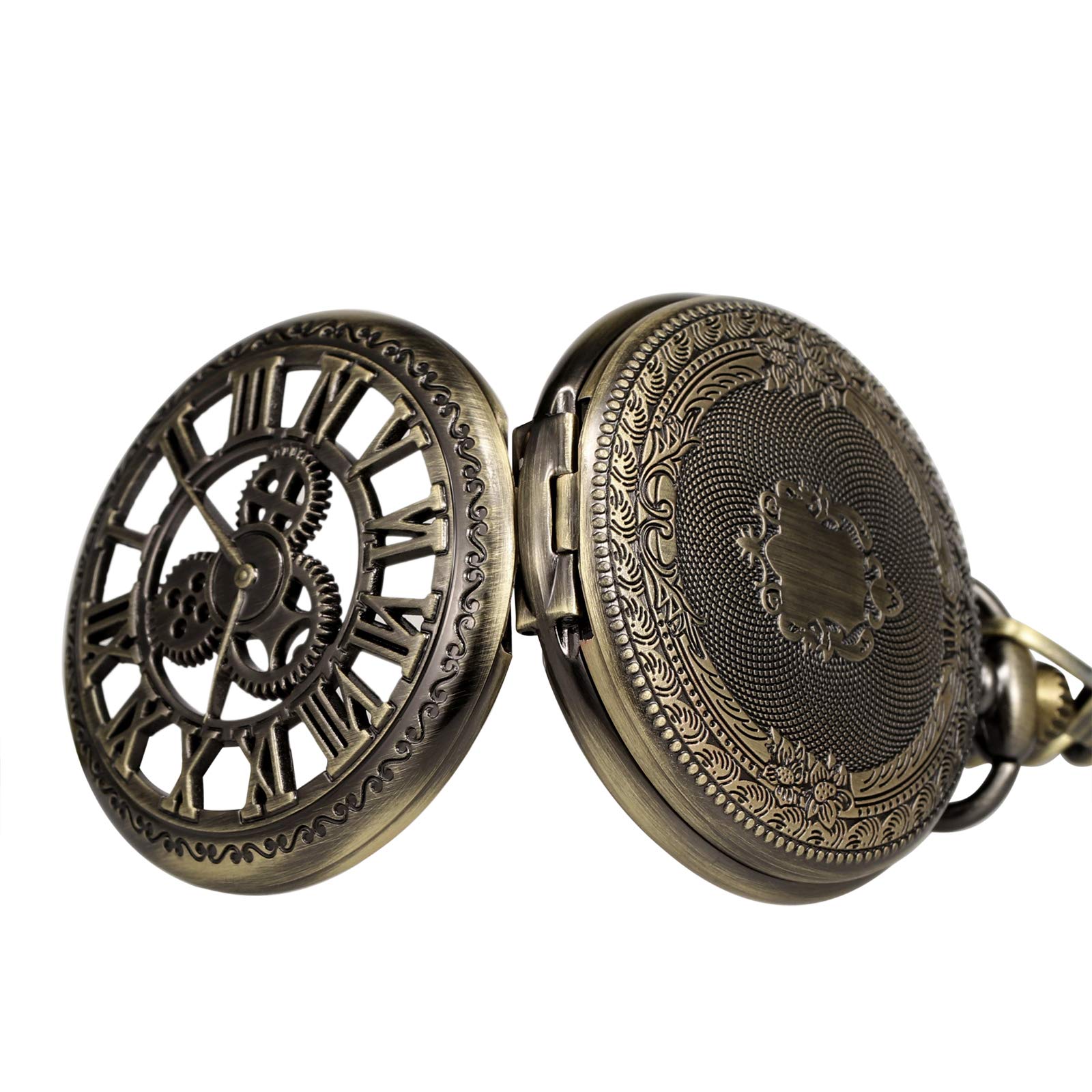 TREEWETO Montre de poche analogique avec chaîne pour homme - Double boîtier - Chiffres romains - Bronze/noir/doré