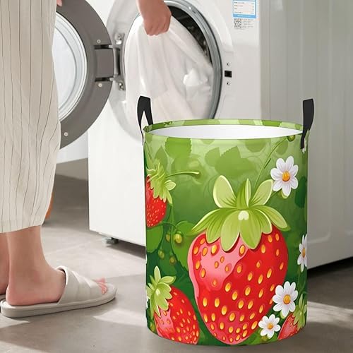 Miniatura 7 de Strawberry and flower print Circular Hamper Waterproof Storage Bin Organizer Basket Laundry Hamper With Handles For Clothes Toys Medium
