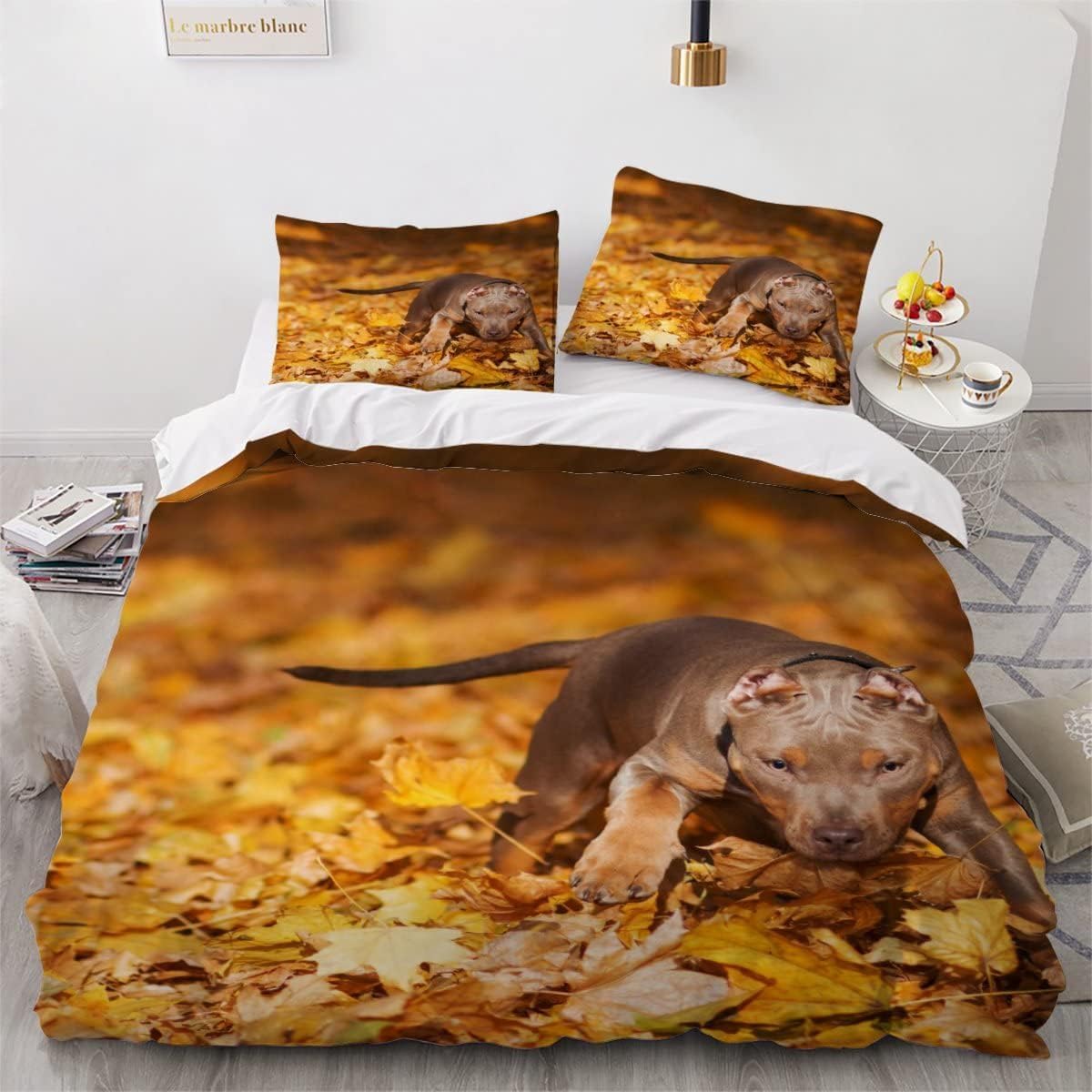 Funda Nordica Cama 135/150 Beagle Funda Edredon 240x220 Hojas de Otoño 3D Fundas de Edredón Microfibra Suave Ropa de Cama de 3 Piezas con Cremallera y 2 Fundas de Almohada K-1329
