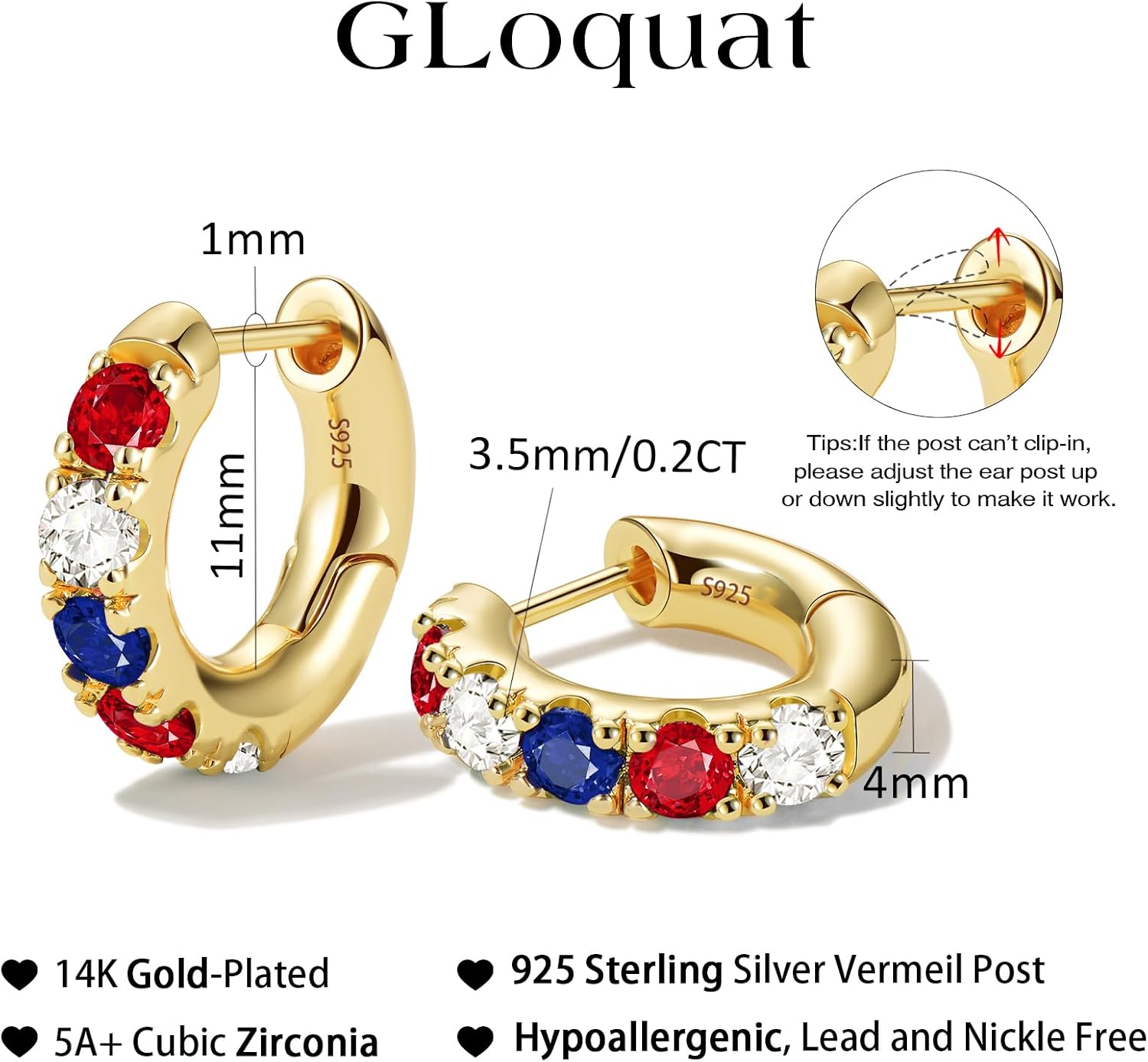 14k Gold Plated Small Hoop Earring for Women with Sterling Silver Post, Trendy Gold Pearl Earrings Opal/Aura Earring Hypoallergenic Cubic Zirconia Silver Hoop Earrings Jewelry Gift