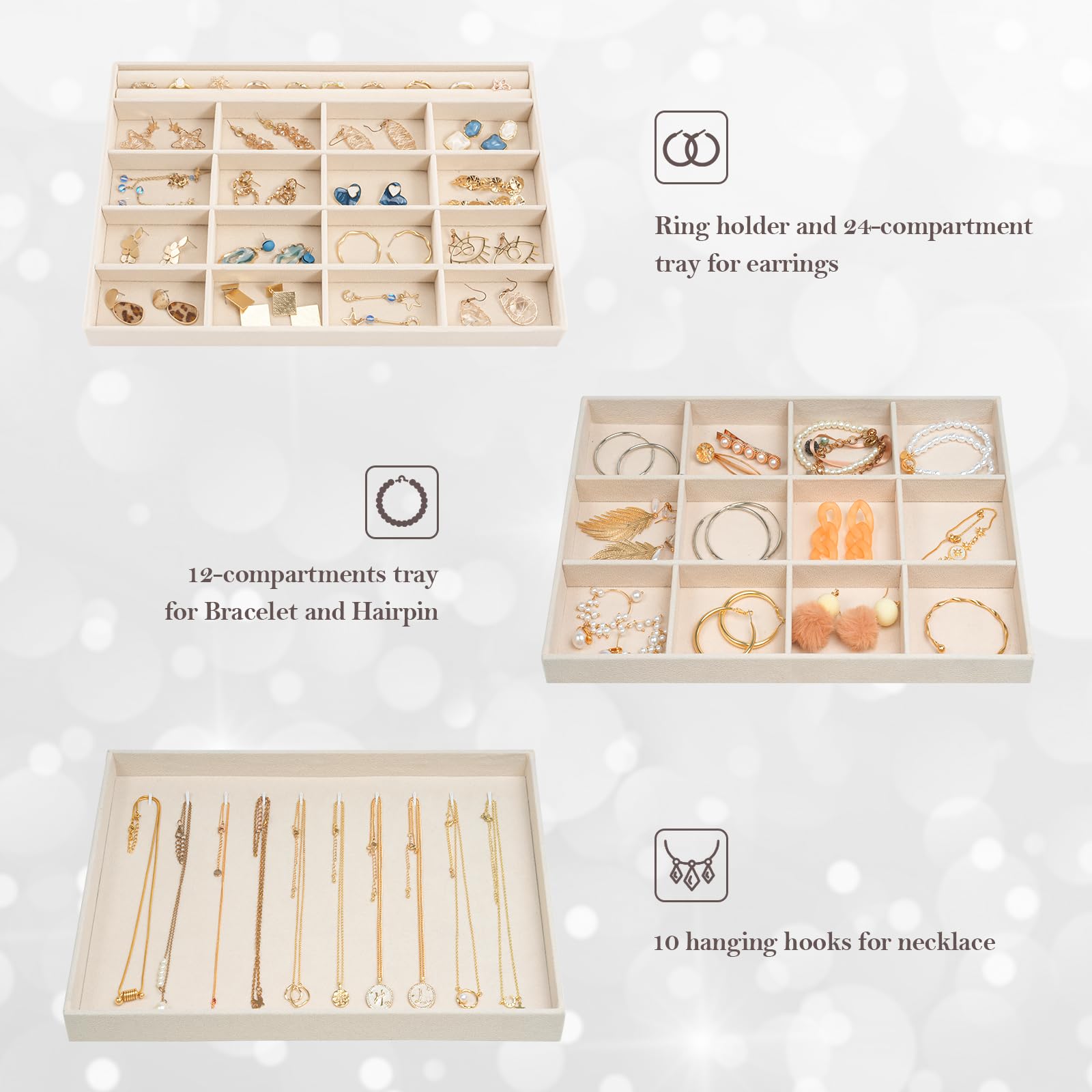 ProCase 3 Bandejas Organizadora para Joyería, Apilables para Cajón Tocador Armario, Exhibidor de Collares Pendientes Pulseras Anillos Relojes, Regalo Ideal para Mujeres y Niñas -Crema