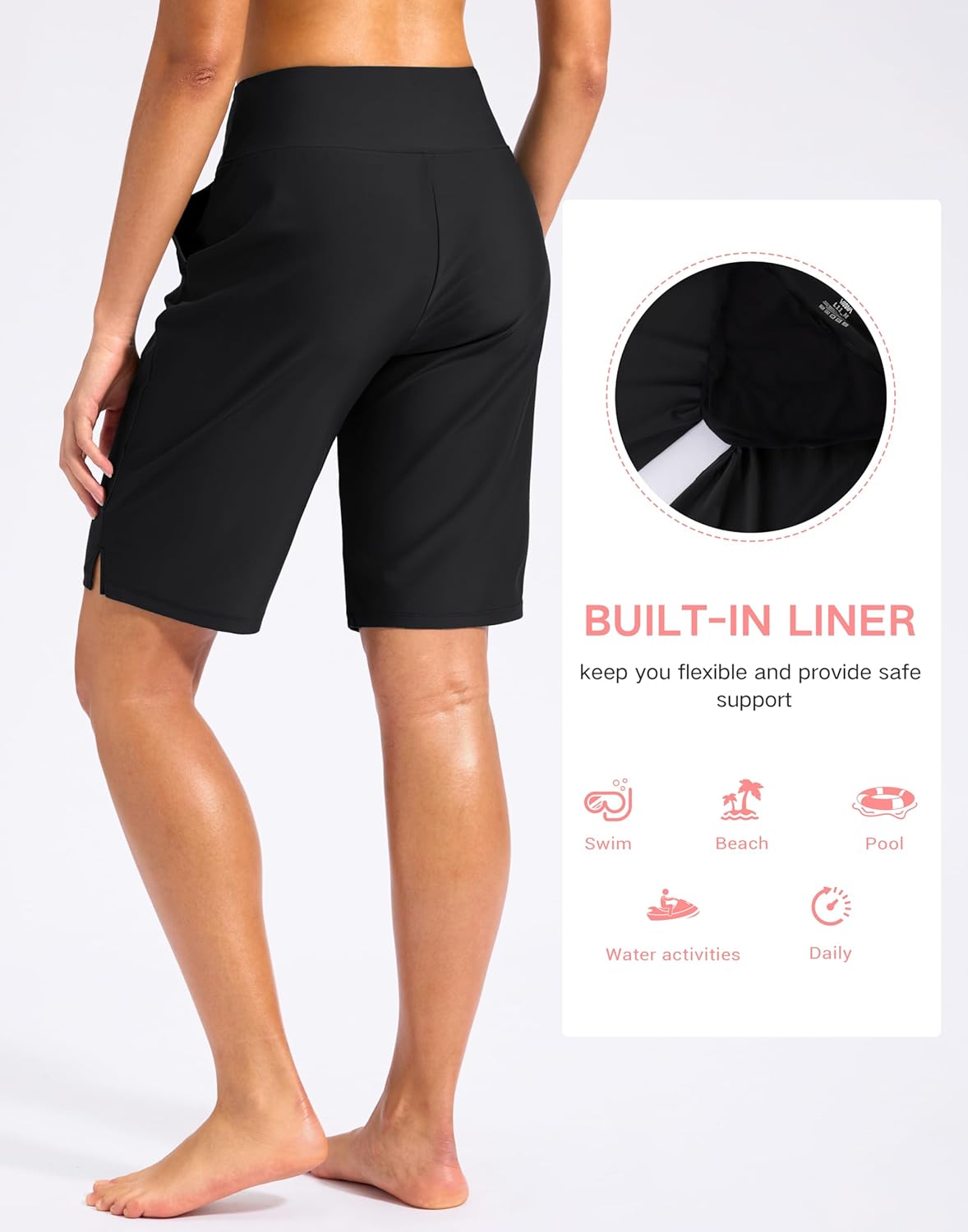 Viodia Women's 11" Long Swim Board Shorts Knee Length Beach Swimming Shorts High Waisted Modest Swimsuits with Pockets - Image 3