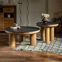 Round Coffee Table Wood Frame Nesting Center Table Set of 2 Mid Century End Table Accent Tea Bar Cocktail Side Table for Living Room Bedroom Furniture Small Spaces Free Shape
