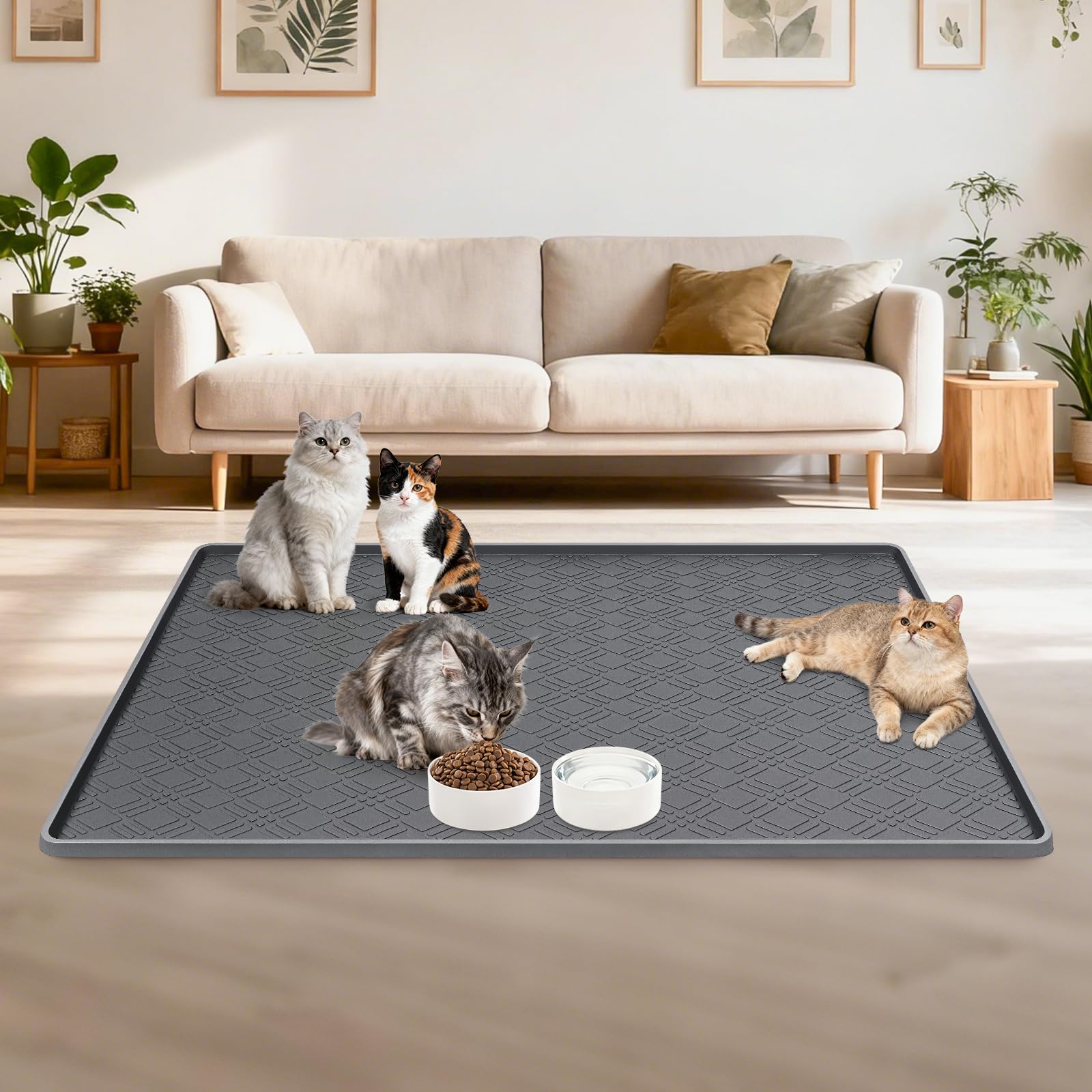 Katzenfuttermatte, 106,7 x 73,7 cm, große Silikonmatte, Katzenfuttermatte mit erhöhtem Rand, rutschfeste Futtermatte für Futter- und Wassernapf, leicht zu reinigen, Bodenschutz (Dunkelgrau)