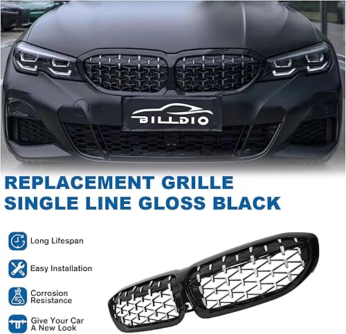 Miniatura 100 de Rejilla frontal negra brillante compatible con BMW Serie 3 G20 2019 2020 2021 2022 316i 318i 320i 328i 330i 330i 335i 340i Doble lamas negro