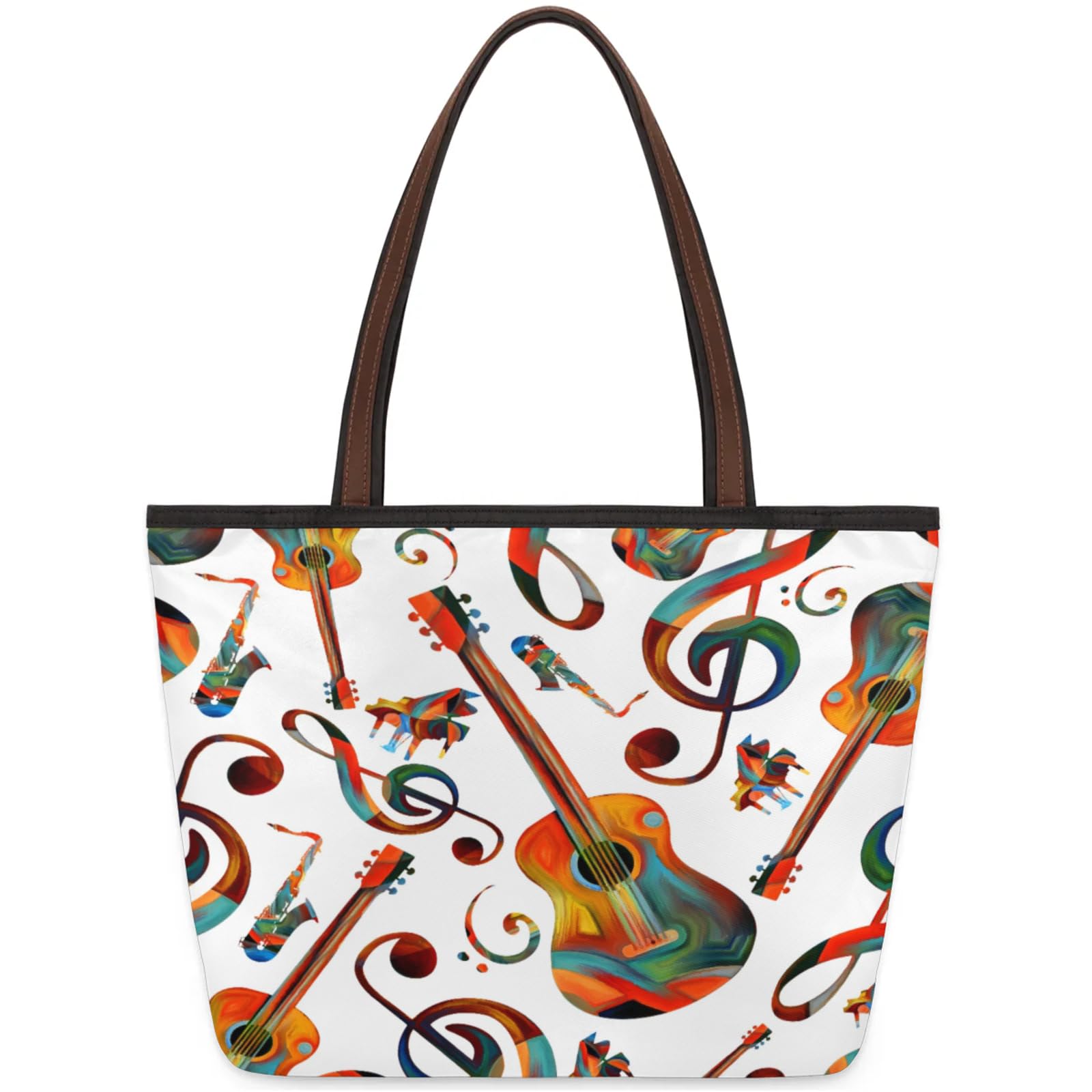 Painted Guitar Notes Tote Bag Multi Pocket Zippered Beach Bag Lightweight Waterproof Handbag for Women Men Work Gym Travel Swimming Yoga Grocery Shopping L