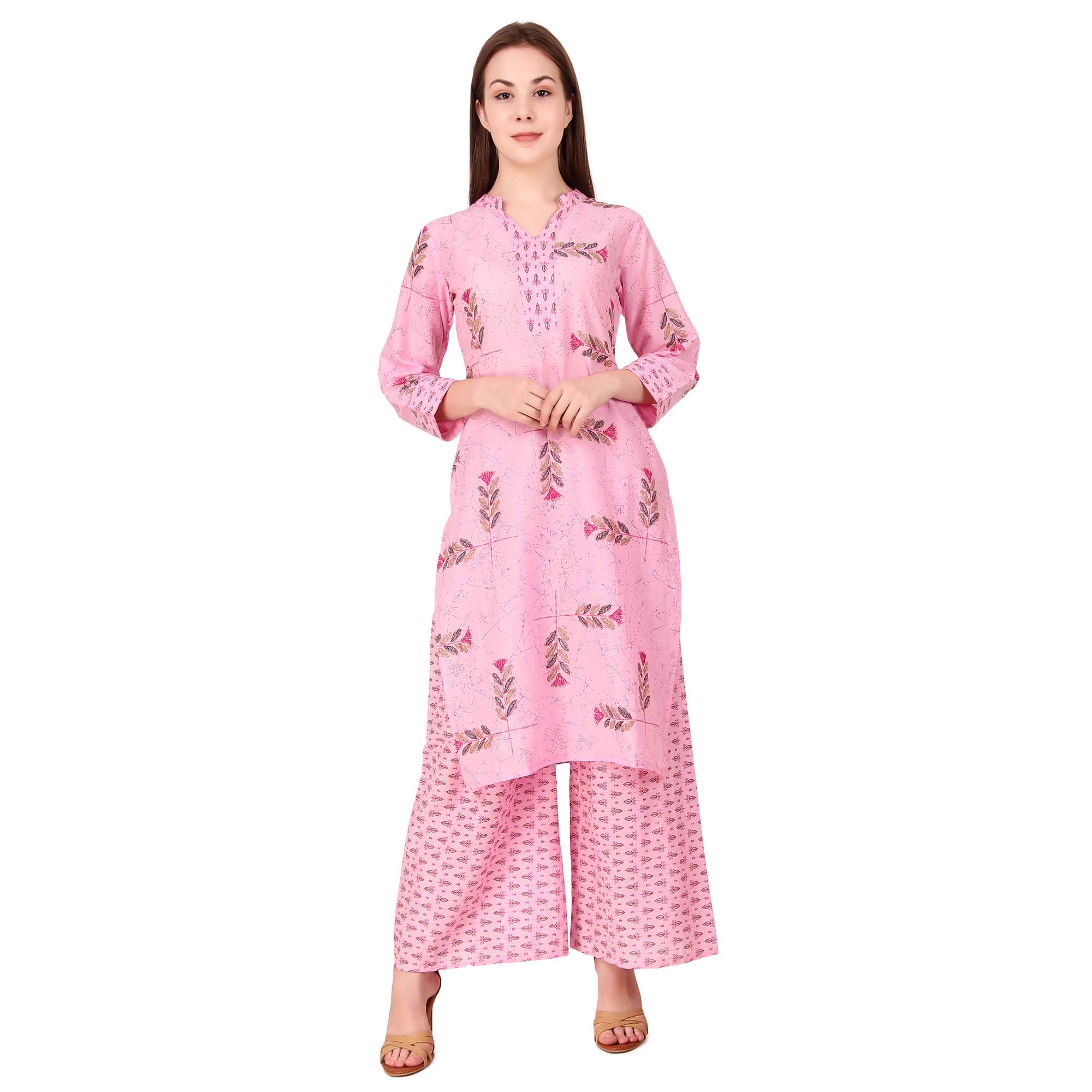 Justyou! Cotton Pink Floral Kurta and Palazzo Set for Women