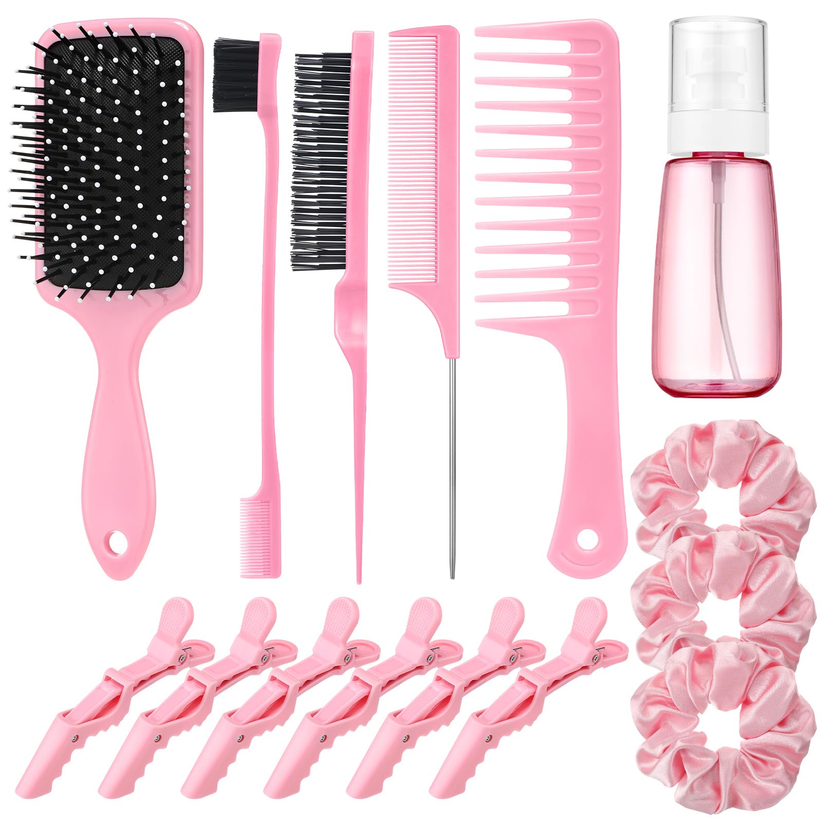 15 Pcs Slick Back Hair Brush Set, Bristle Hair Brush with Spray Bottle,Hair Clip,Edge Brush for Women, Men(Pink)
