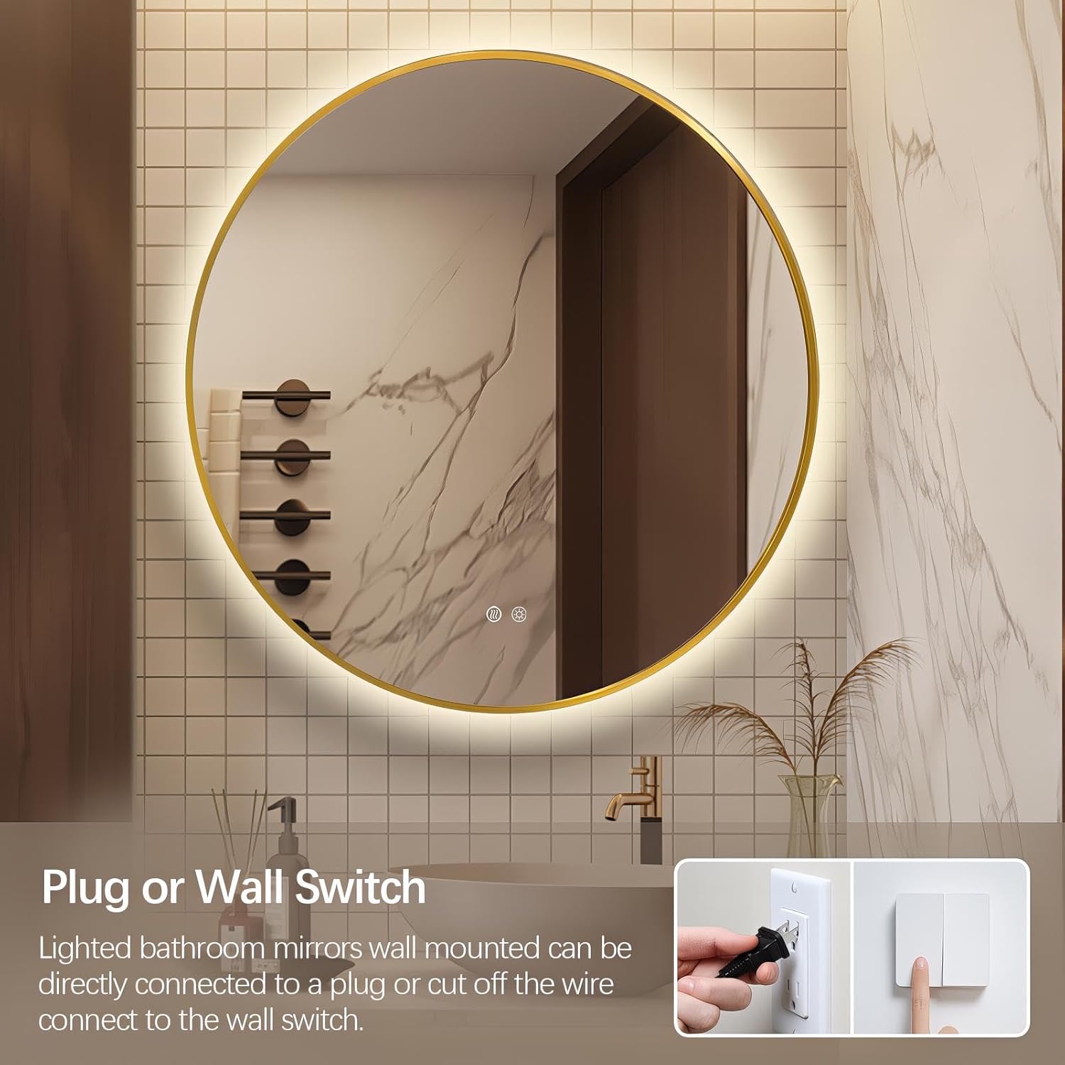 Niccy 36 Round LED Backlit Mirror with Lights, Gold Frame Anti-Fog Circle Mirror, Light Up 3 Color ShatterProof