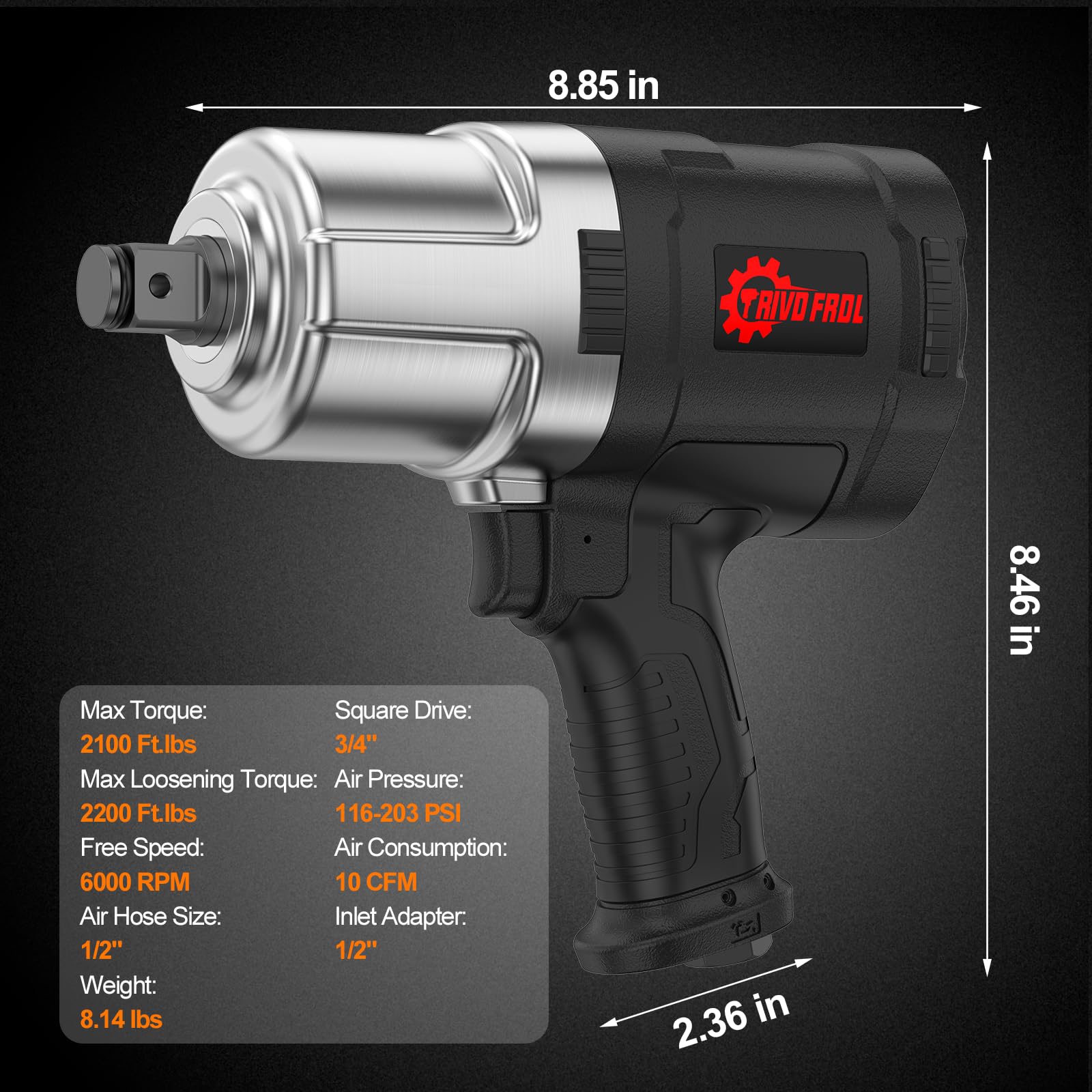Trivd Frol Avvitatore pneumatico - Pistola pneumatica da 3/4 di pollice, fino a 2100 Ft.lbs, Avvitatore a percussione ad alta coppia da 6000 giri/min, Avvitatore pneumatico a doppio martello per