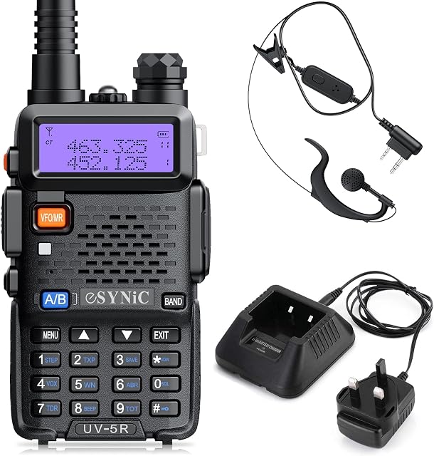 eSynic 1Pcs UV-5R Dual Band VHF/UHF with LED Display 128 Memory Channel with Rechargable and Radio Function Supports VOX for Construction Site Outdoor Activities etc with UK Plug Charge Base